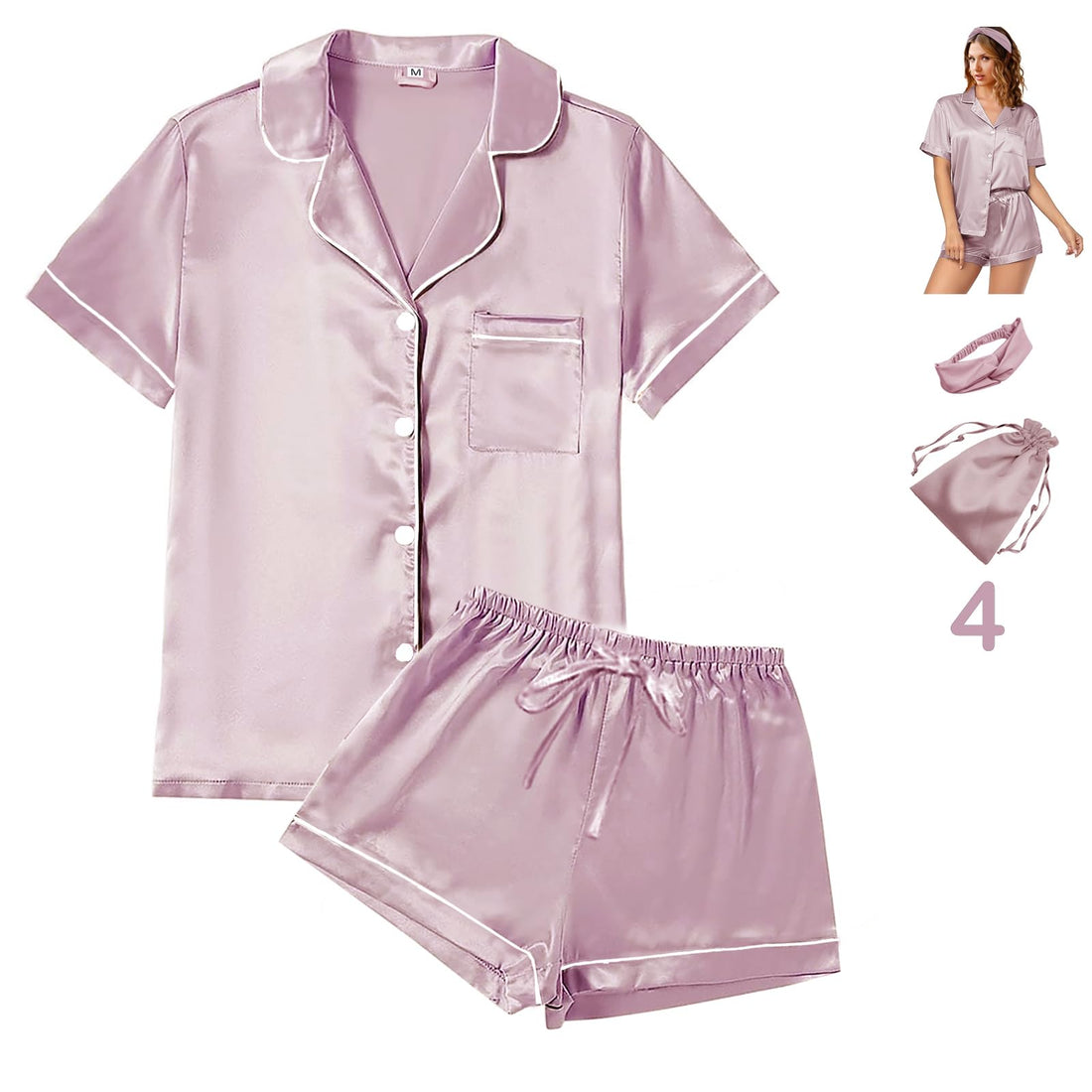 WJing Yi Jia 4Pcs Womens Satin Silky Pajama Sets Short Sleeve Shirt XS-4XL Floral Pajamas Set Soft PJ Loungewear Sleepwear