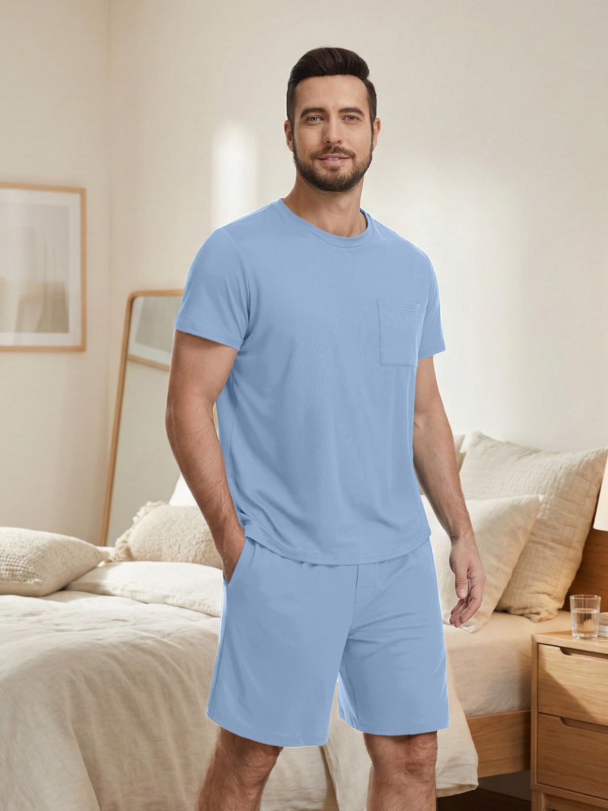 Feiersi Mens Pajama Set Sleepwear Pjs Lightweight Comfy Soft Short Sleeve Sleep Set With Pockets WEBE CLOTHING