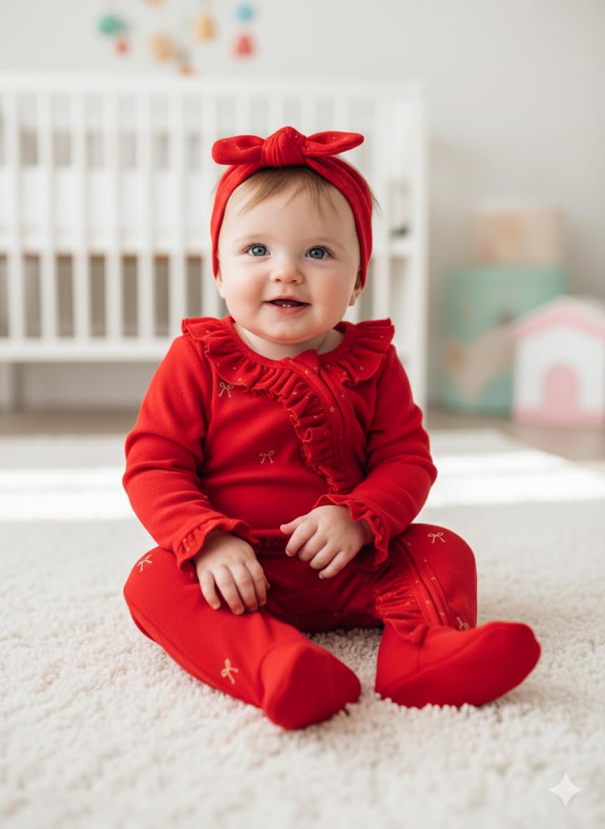 Baby Footie Bodysuit Headband or Hat 2 Piece Set – Christmas Thanksgiving Zip-Up Outfit,Holiday Pajamas for Infants