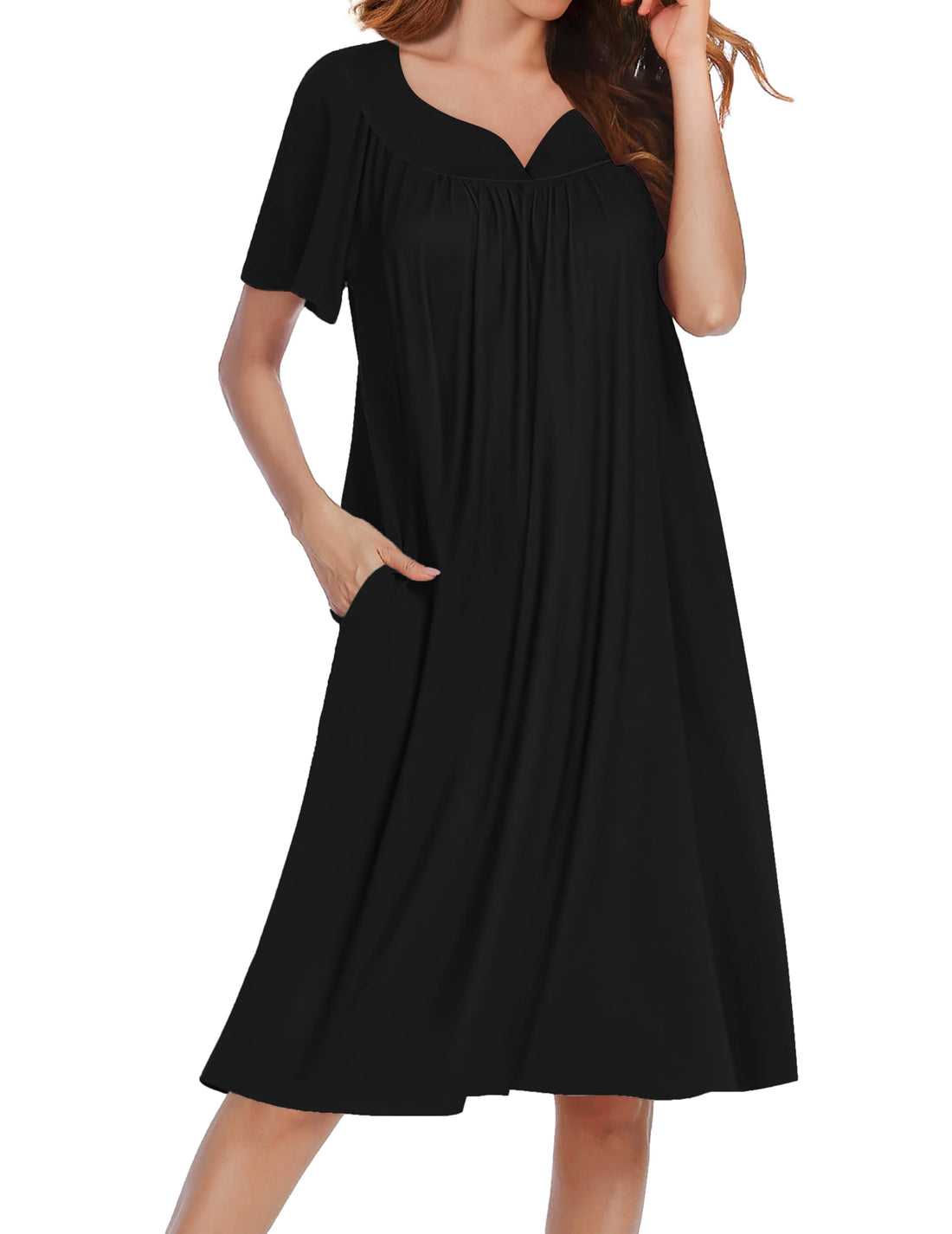Ekouaer Nightgowns for Women House Dress Short Sleeve Moo Moo with Pockets | Pleated Mumu Dresses V Neck Sleepwear Short Sleeve Night Gowns Soft Sleep Shirts Plus Size Night Shirts Ladies Lounge Dress WEBE CLOTHING