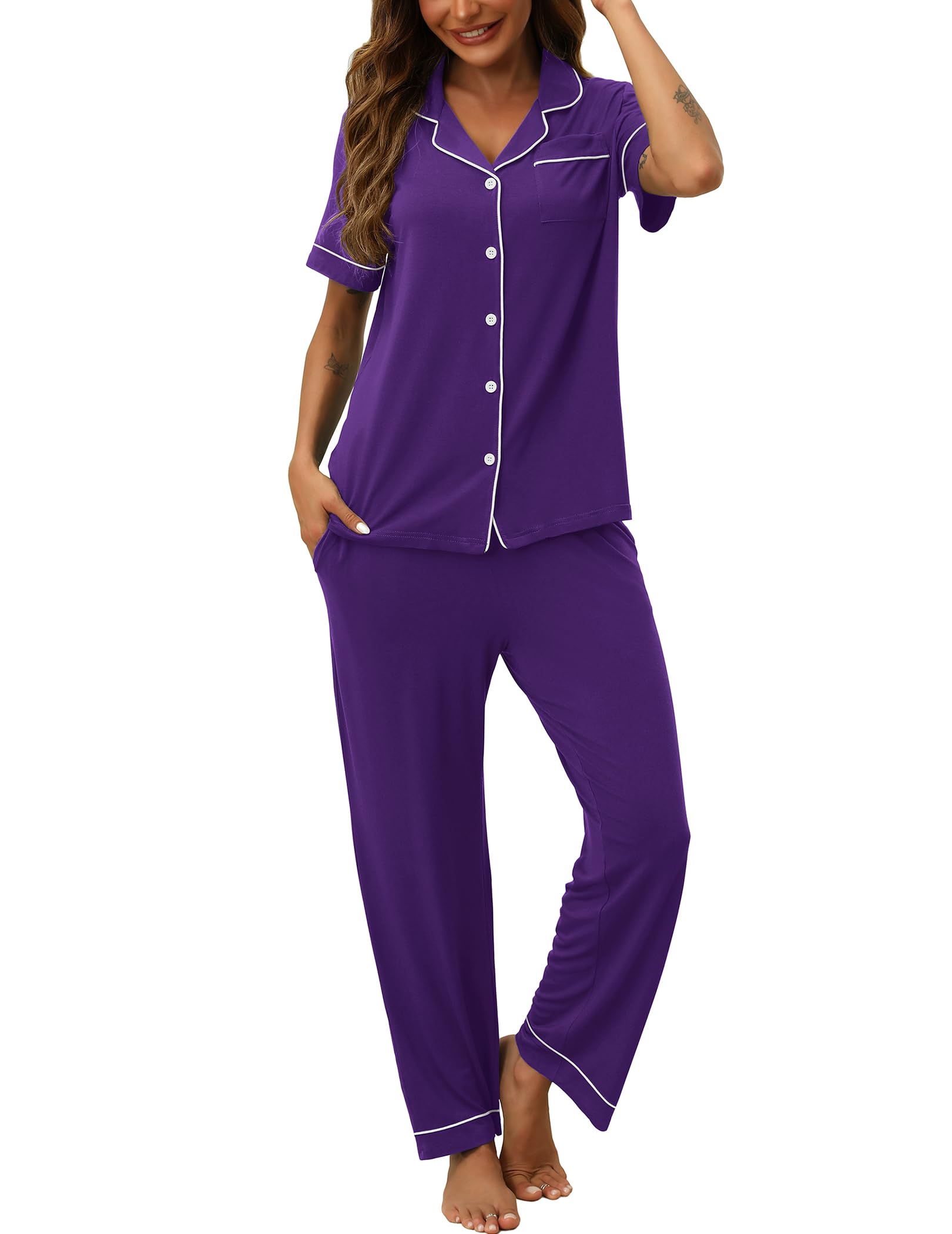 HNG Women Pajamas Set 2 Piece Button Up Pajamas Pant and Short Sleeve Shirt for Woman Pj Sets with Pocket