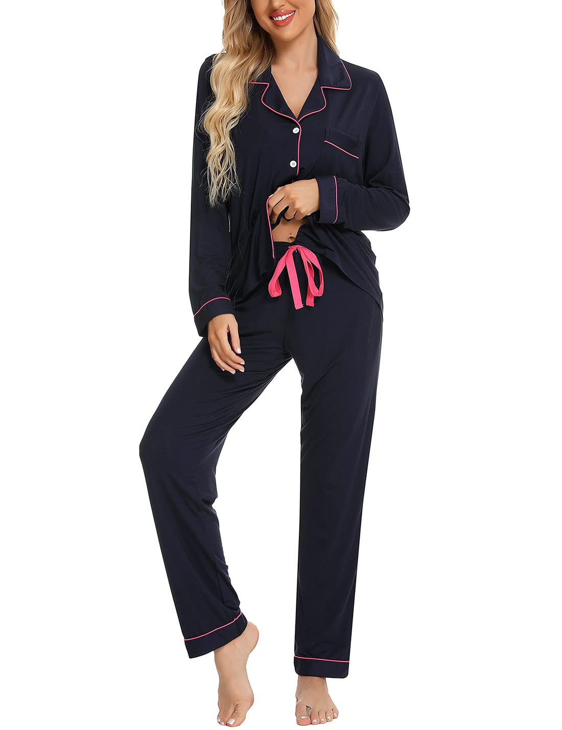 Samring Pajamas Women's Long Sleeve Sleepwear Button Down Pj Sets Soft Loungewear Pajama Set for Women S-XXL