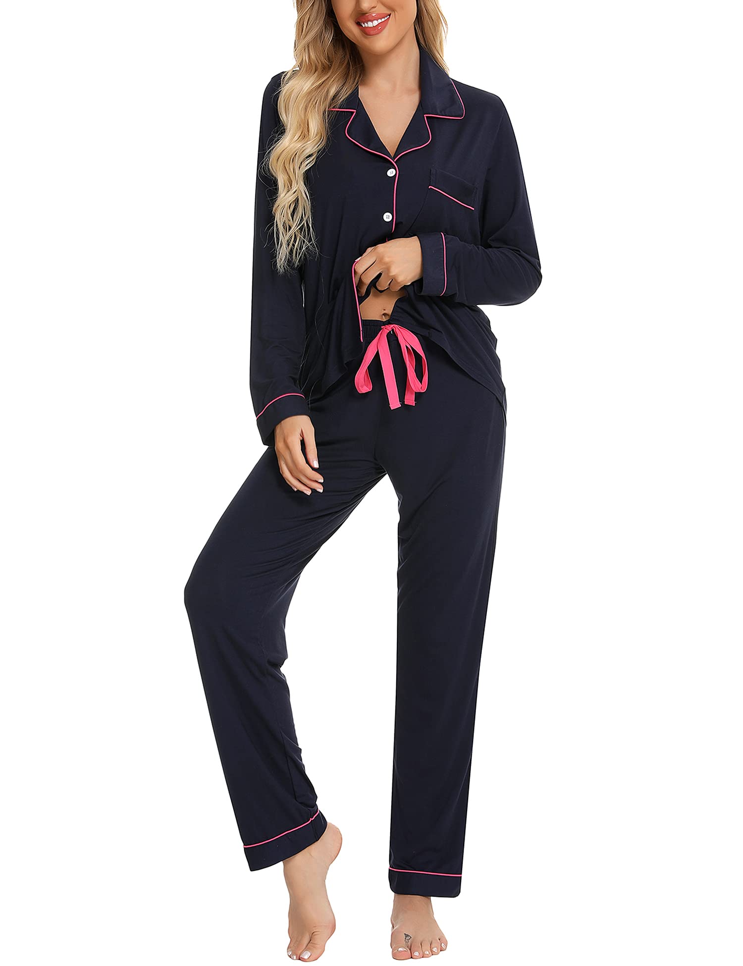 Samring Pajamas Women's Long Sleeve Sleepwear Button Down Pj Sets Soft Loungewear Pajama Set for Women S-XXL