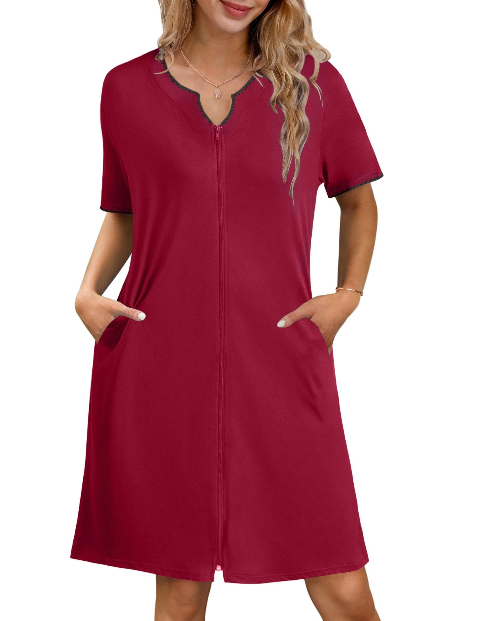 Ekouaer Zipper Robes for Women Knee Length Bathrobe Lightweight Housecoat Short Sleeve Nightgown with Pockets S-3XL WEBE CLOTHING