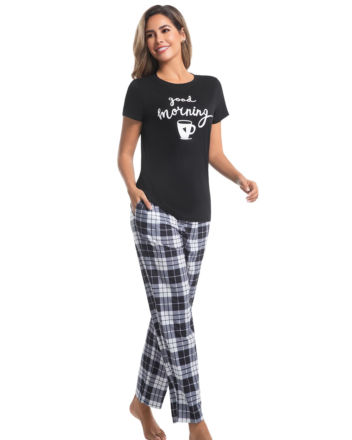 difficort Womens Pajama Sets Short Sleeve Pjs Tops with Long Pants Sleepwear Lounge Set with Pocket WEBE CLOTHING