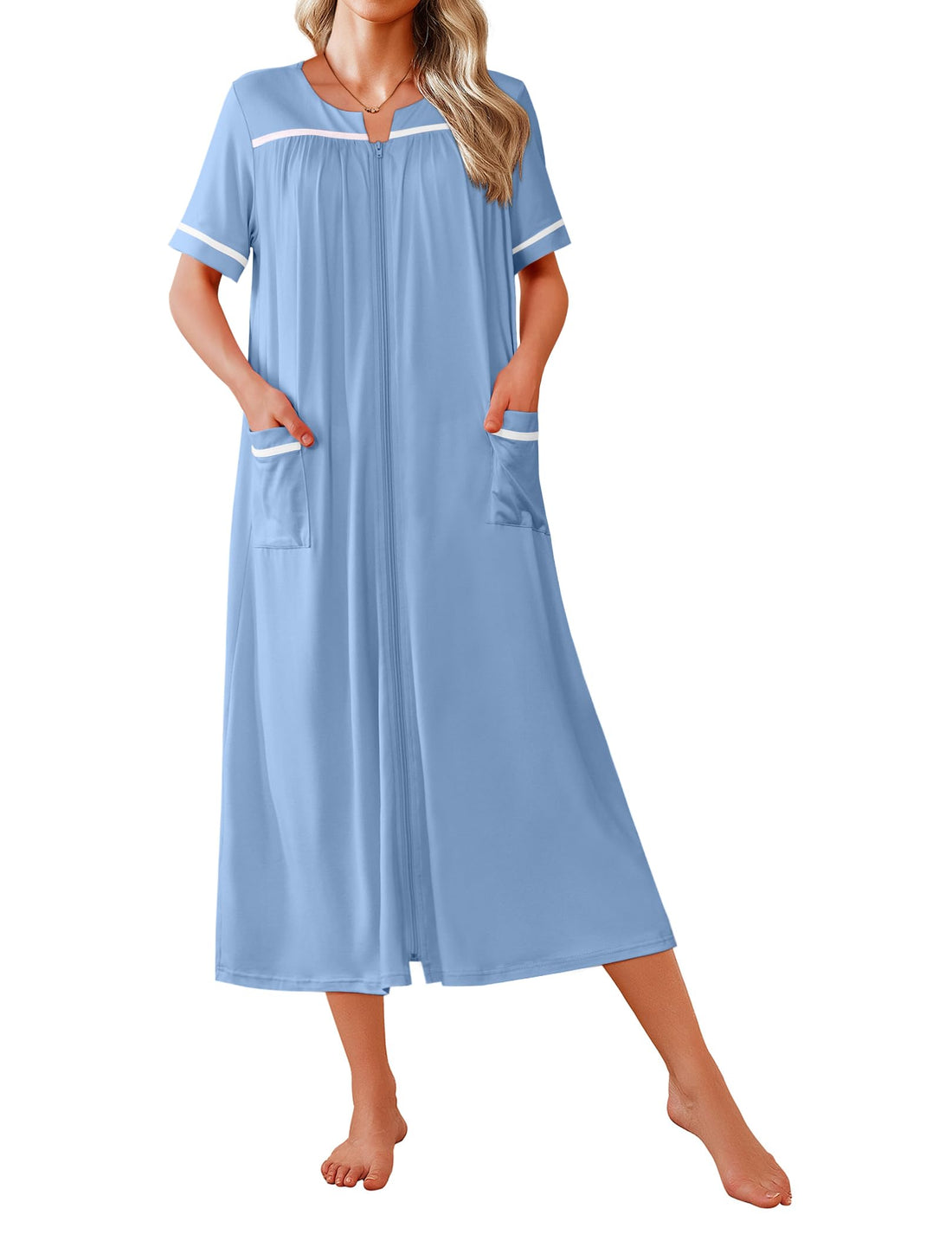 Ekouaer Zipper Robes for Women Short Sleeve Bathrobe Soft Lightweight Housecoat Full Length Nightgown with Pockets S-3XL WEBE CLOTHING
