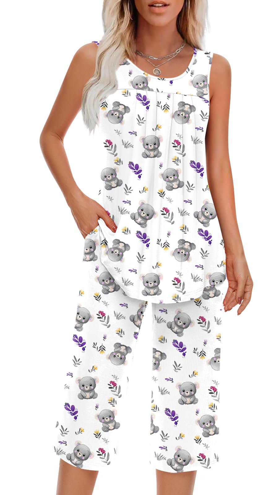 Findsweet Women Pajamas Sets Loungewear Soft Sleepwear Two Piece Summer Sleeveless Pjs Tank Top Pants with Pocket S-4XL
