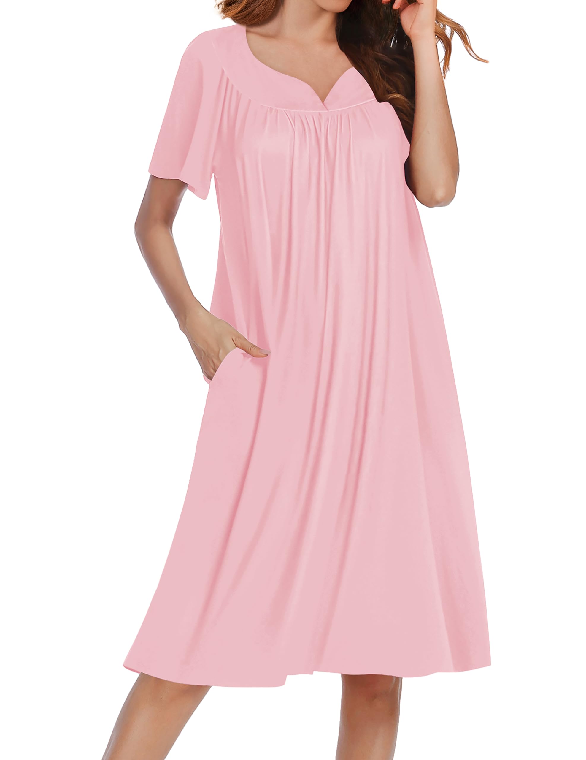 Ekouaer Nightgowns for Women House Dress Short Sleeve Moo Moo with Pockets | Pleated Mumu Dresses V Neck Sleepwear Short Sleeve Night Gowns Soft Sleep Shirts Plus Size Night Shirts Ladies Lounge Dress WEBE CLOTHING