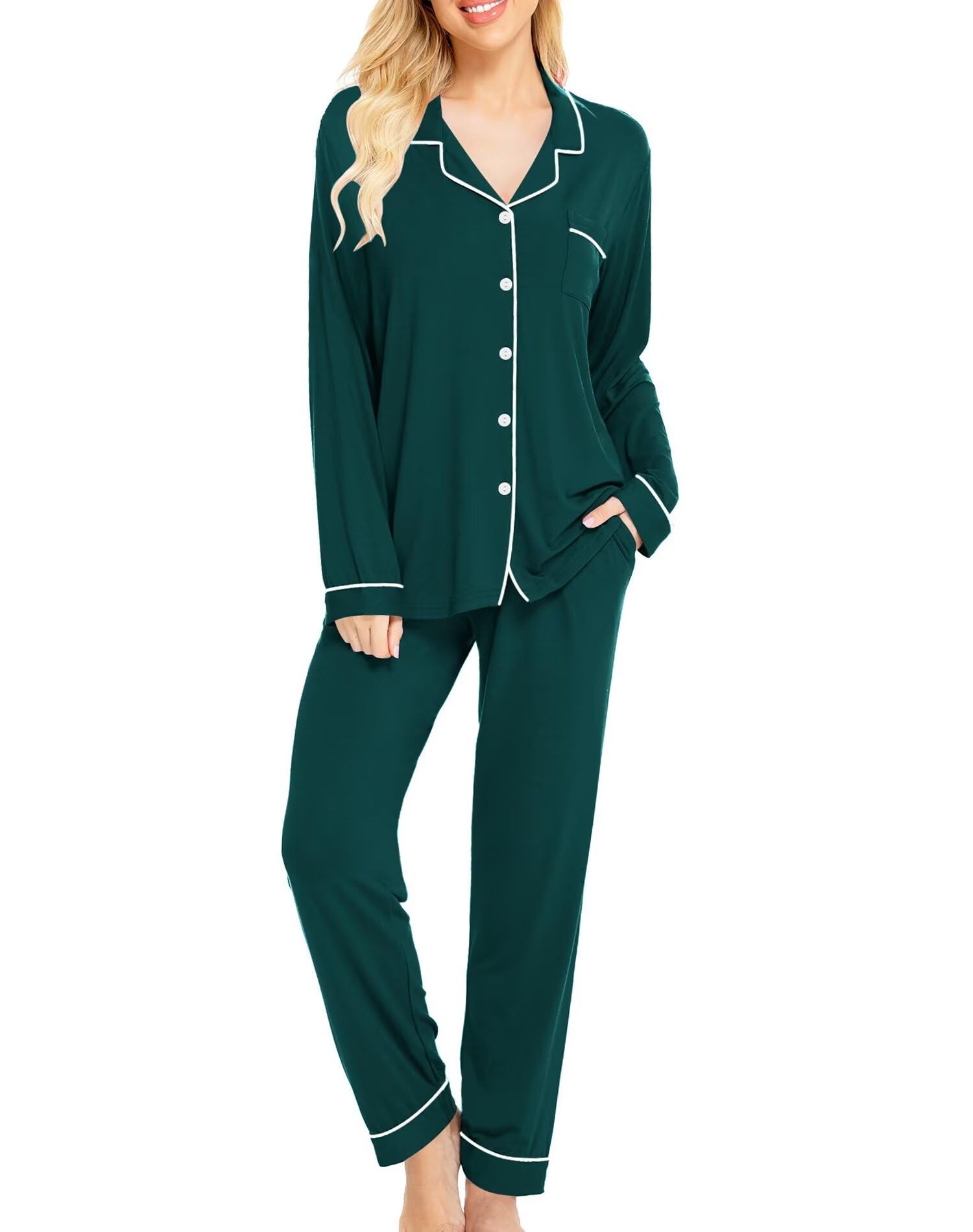 SWOMOG Womens Pajamas Set Long Sleeve Sleepwear Button Down Nightwear Soft Cotton Pj Lounge Sets