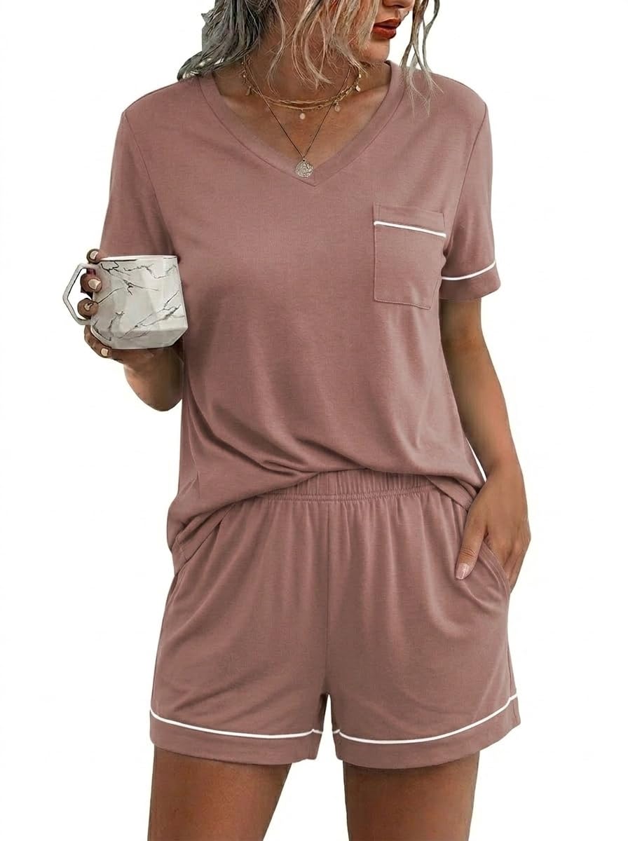Ekouaer Pajamas for Women Set 2 Piece Short Sleeve Sleepwear Summer Tops and Shorts Pjs Lounge Set S-XXL