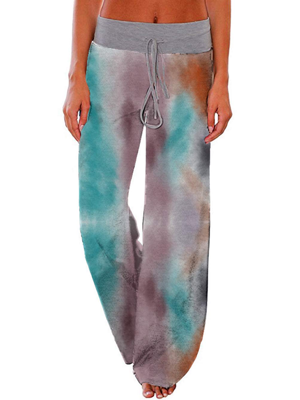 iChunhua Women's Comfy Stretch Floral Print Drawstring Palazzo Wide Leg Lounge Pant