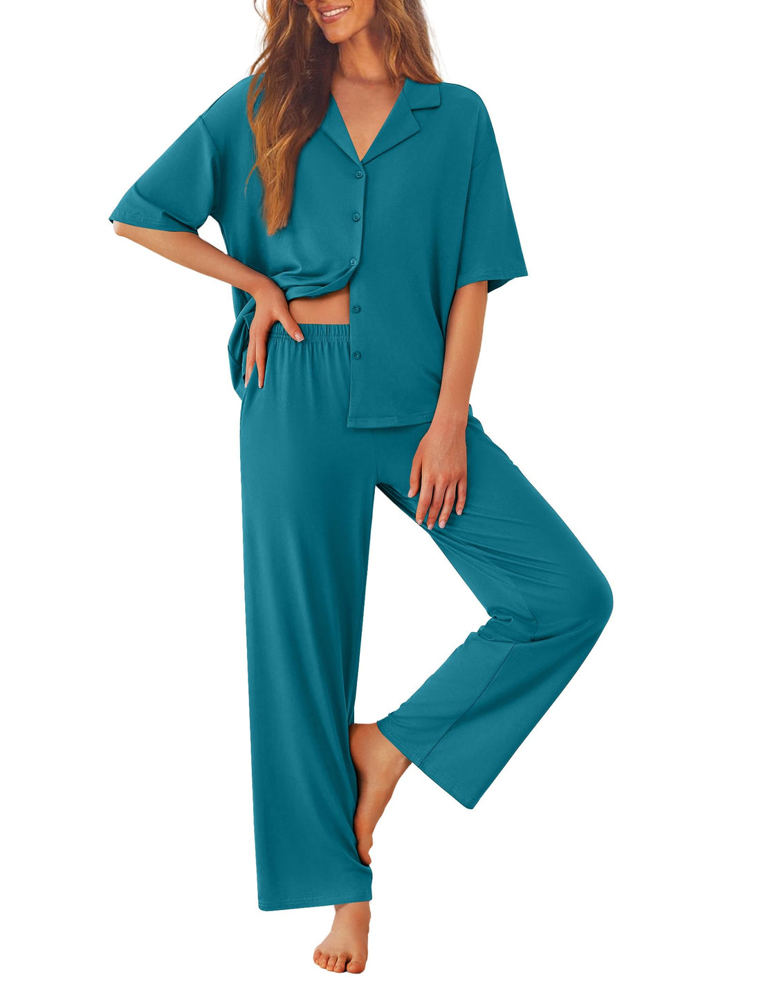 Ekouaer Women Pajamas Set Button Down Sleepwear Short Sleeve Pjs Soft Comfy Nightwear with Long Pants S-XXL