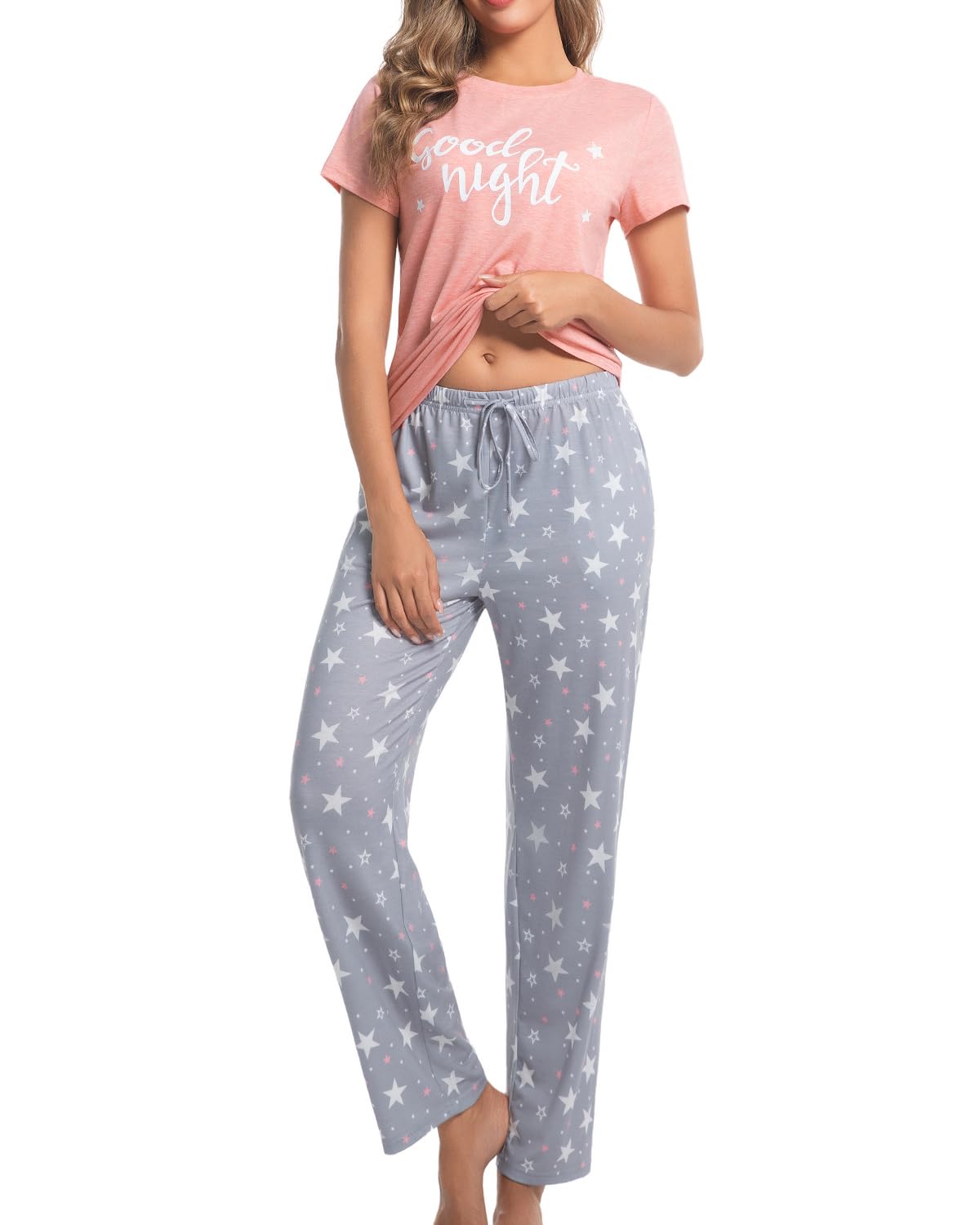 difficort Womens Pajama Sets Short Sleeve Pjs Tops with Long Pants Sleepwear Lounge Set with Pocket WEBE CLOTHING