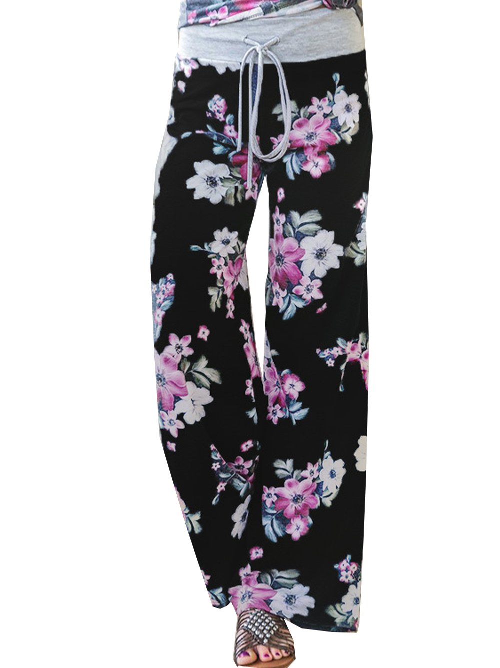 iChunhua Women's Comfy Stretch Floral Print Drawstring Palazzo Wide Leg Lounge Pant