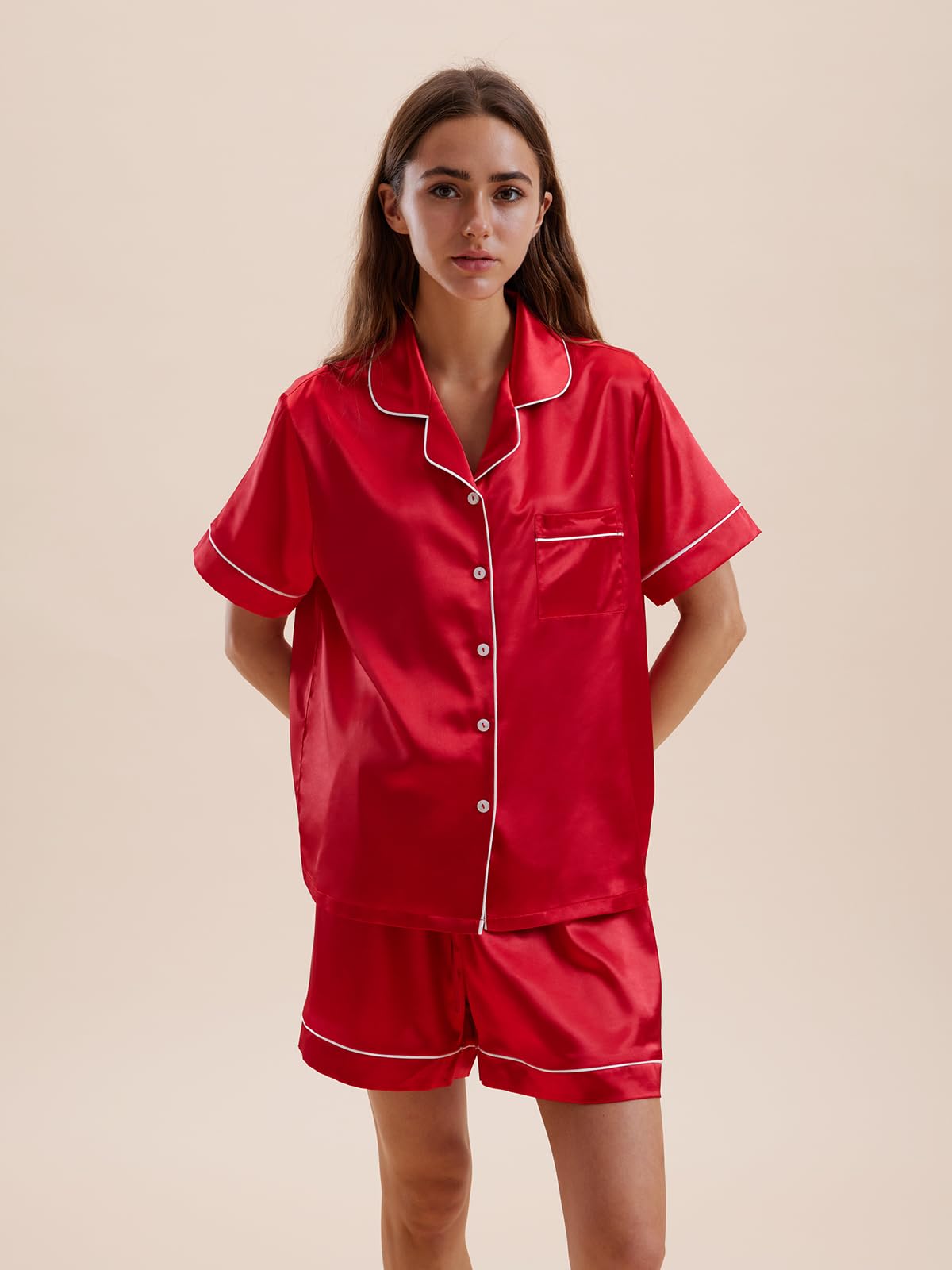 Satin Pajamas for Women Set,Silky Short Sleeve Ladies Pajama,Woman's 2 Piece Sleepwear,Bridal Wedding Pjs