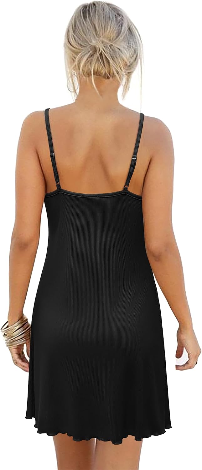 Ekouaer Women's Nightgown Sleeveless Lace Chemise Sleepwear Ribbed Knit Night Dress WEBE CLOTHING