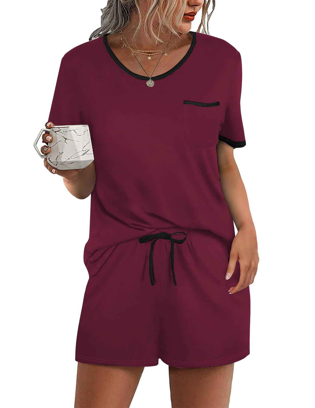 Ekouaer Pajama Set for Women 2 Piece Lounge Set Short Sleeve Tops and Shorts Soft Sleepwear, Chest Pocket