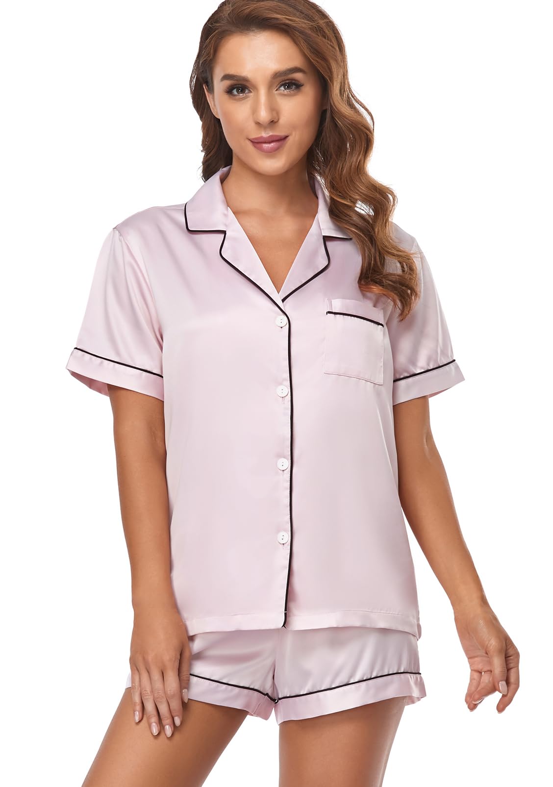 Serenedelicacy Women's Satin Pajama Set 2-Piece Sleepwear Loungewear Button Down Short Sleeve Silky PJ Set