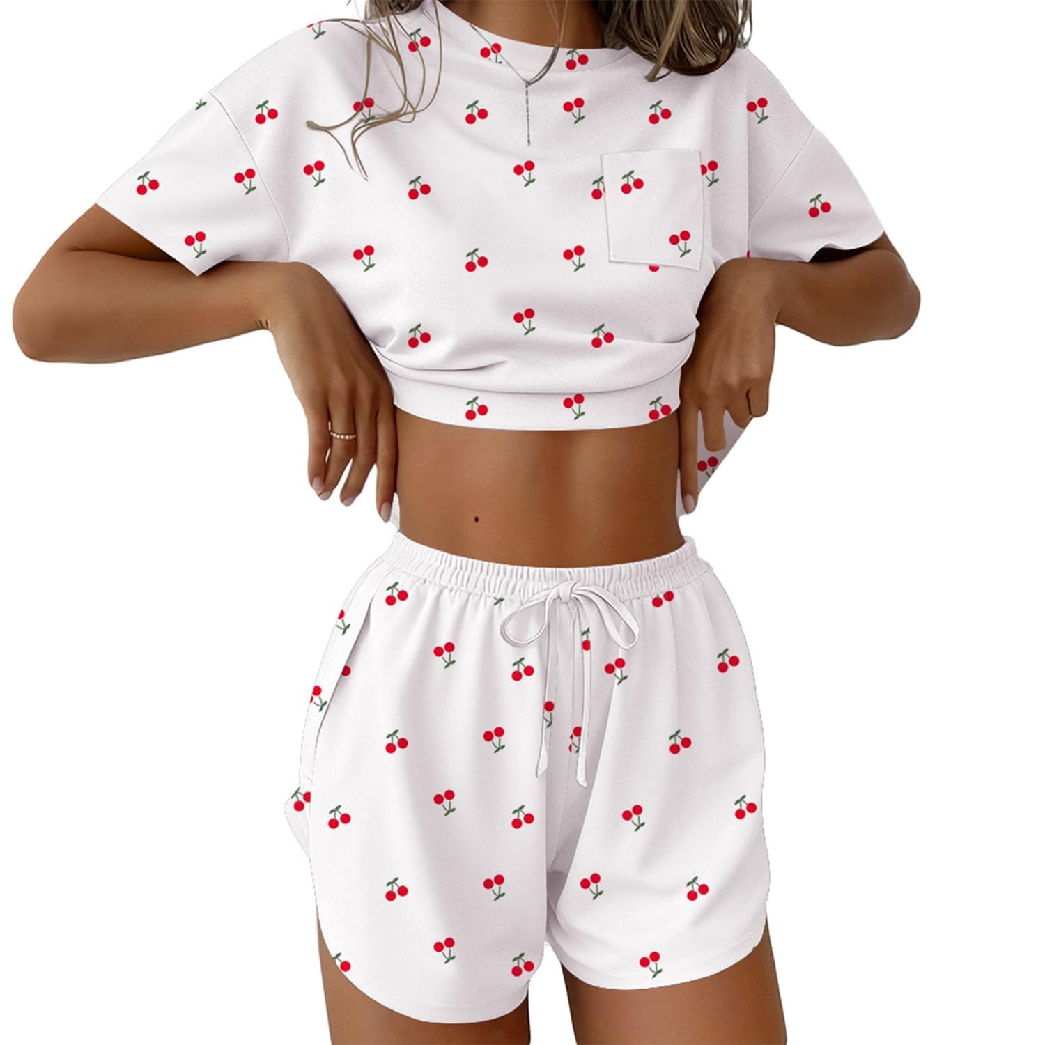 Women's 2 Piece Pajama Set Short Sleeve Sexy Side Split Short Lounge Set Cute Comfy Sleepwear Loungewear