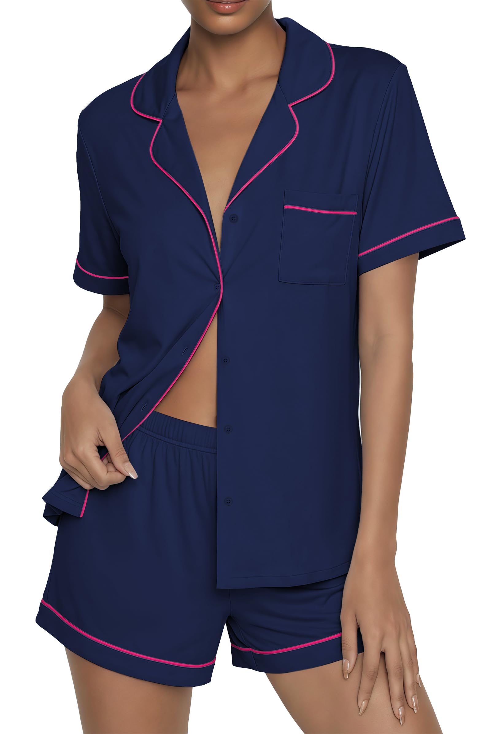 Ekouaer Womens Pajama Sets Button Up Summer Pjs 2 Piece Short Sleeve Sleepwear Lounge Set S-XXL