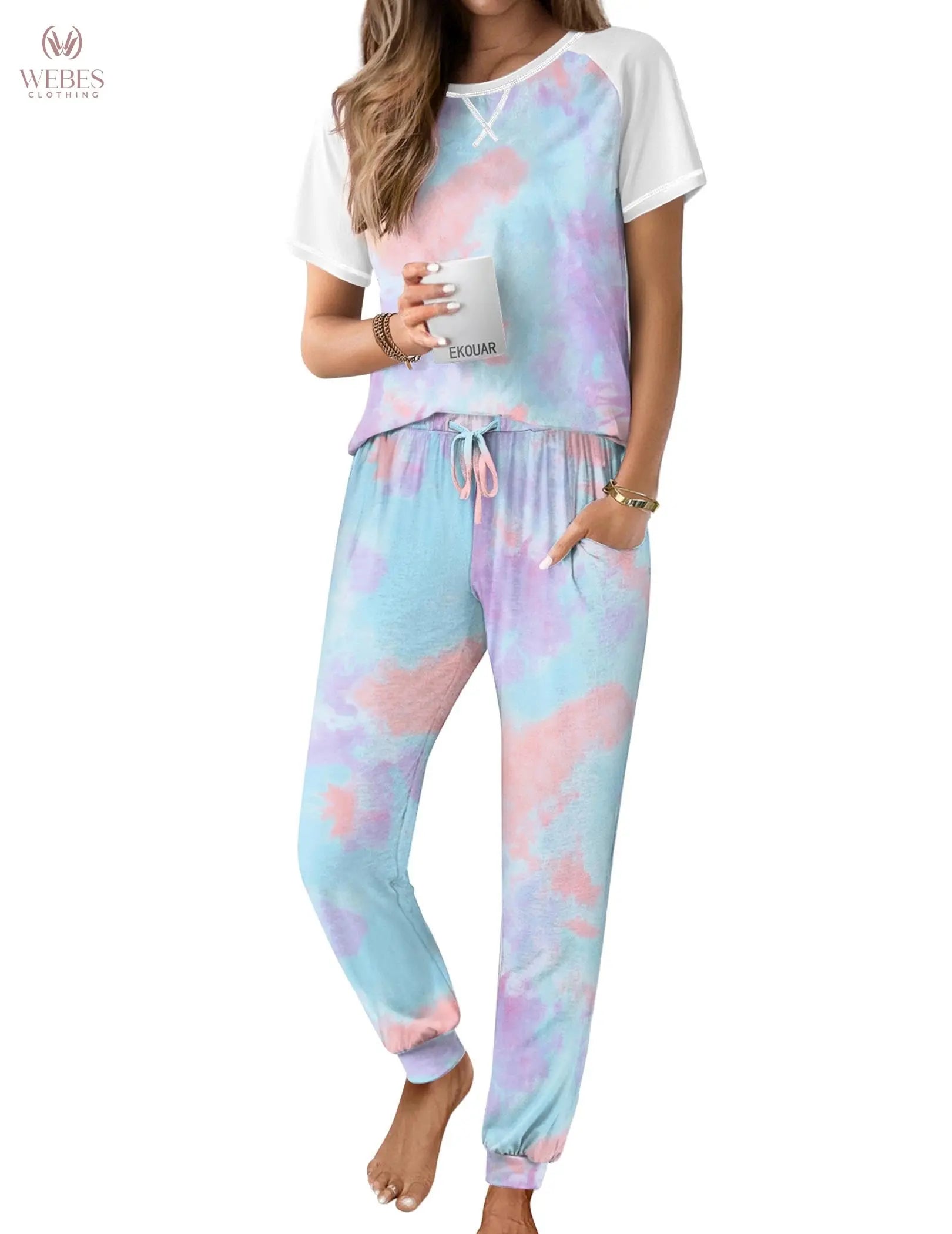 Ekouaer Pajamas for Women Set Short Sleeve PJ Set 2 Piece Jogger Pants | Soft Women Pajama Sets with Cozy Sleepwear Lounge Set Style Featuring Pockets Raglan Short Sleeve Top and Jogger Pants WEBE CLOTHING