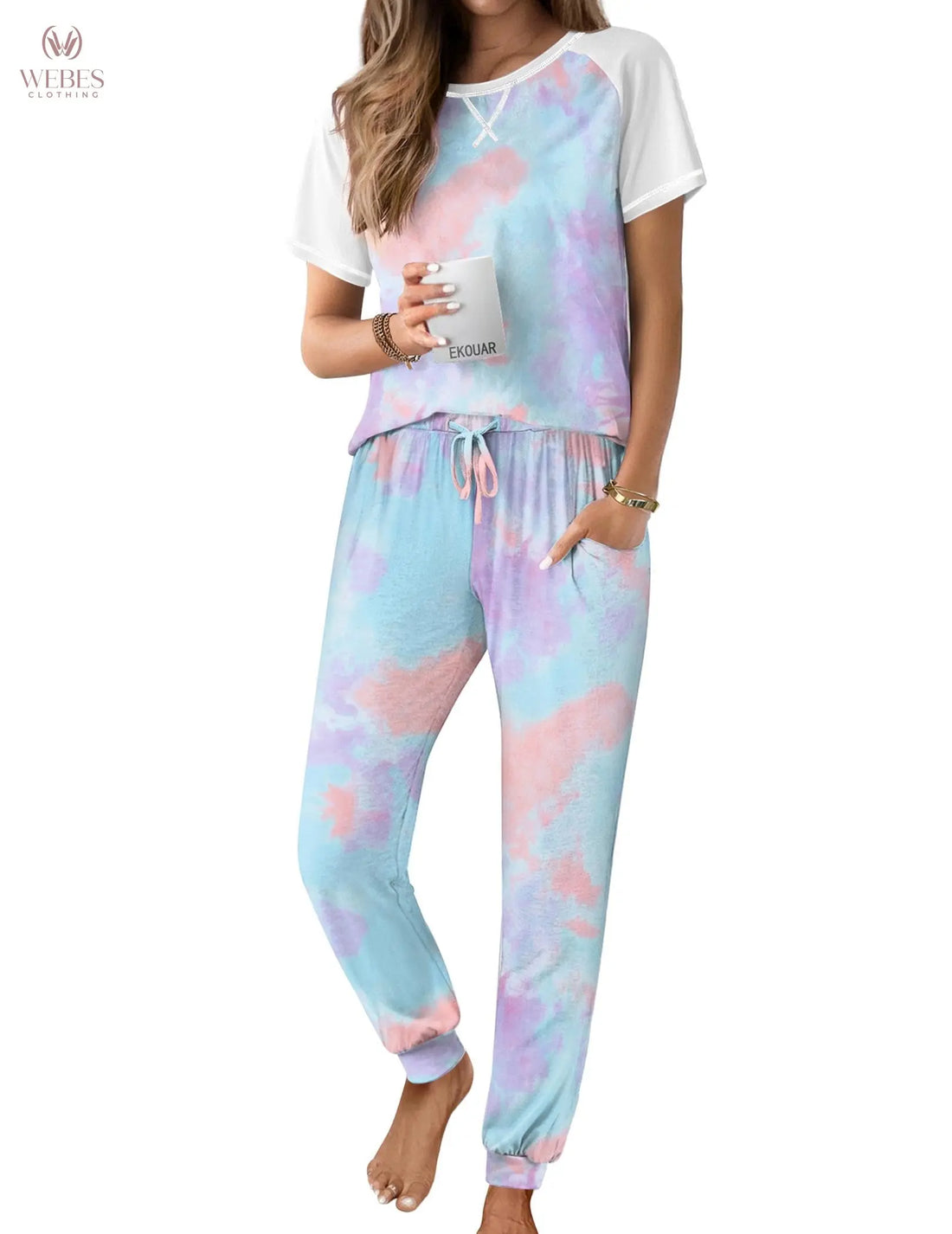 Ekouaer Pajamas for Women Set Short Sleeve PJ Set 2 Piece Jogger Pants | Soft Women Pajama Sets with Cozy Sleepwear Lounge Set Style Featuring Pockets Raglan Short Sleeve Top and Jogger Pants WEBE CLOTHING
