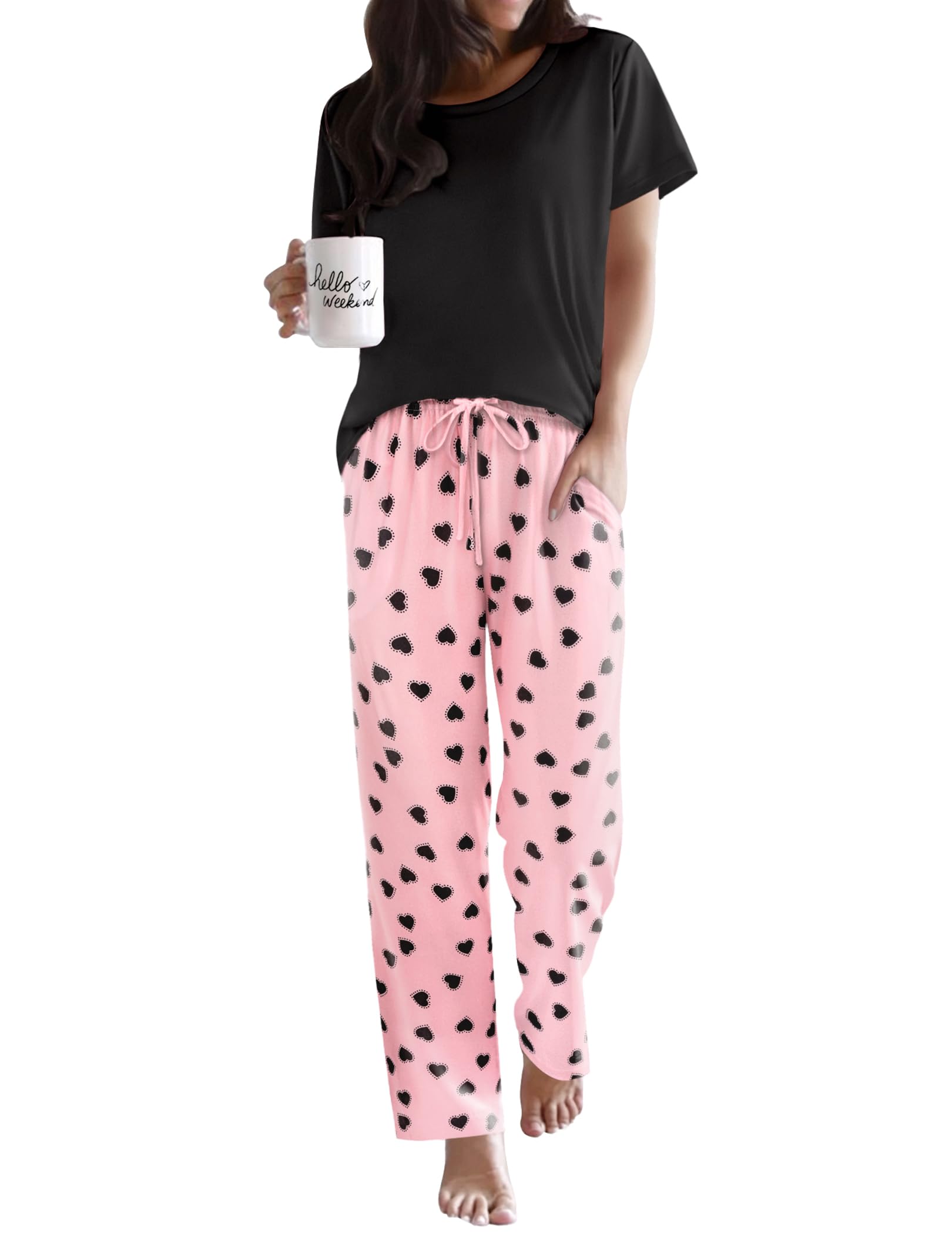 Ekouaer Pajama Sets for Women Round Neck Pjs Short Sleeve Sleepwear with Long Pants Loose Lounge Sets