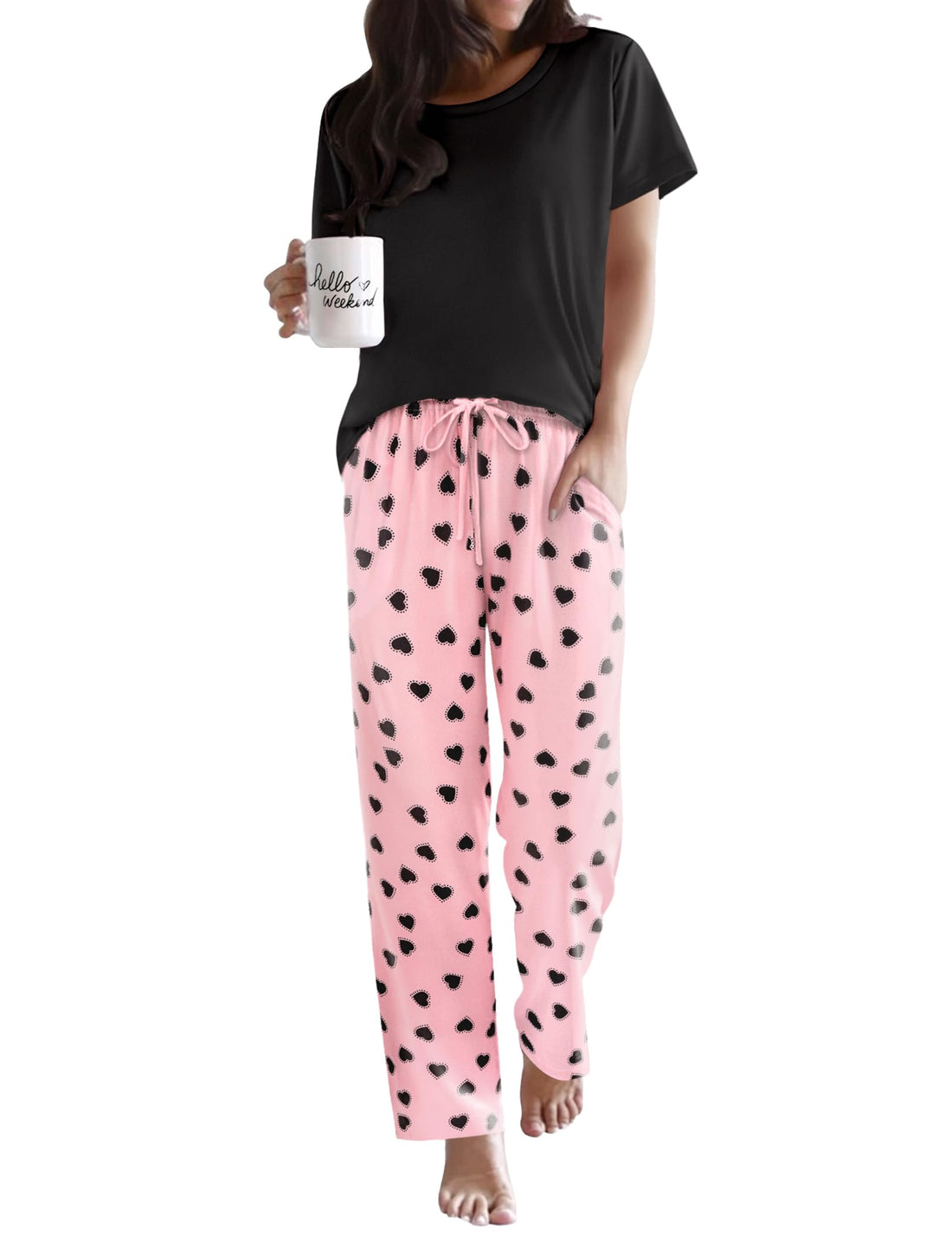Ekouaer Pajama Sets for Women Round Neck Pjs Short Sleeve Sleepwear with Long Pants Loose Lounge Sets