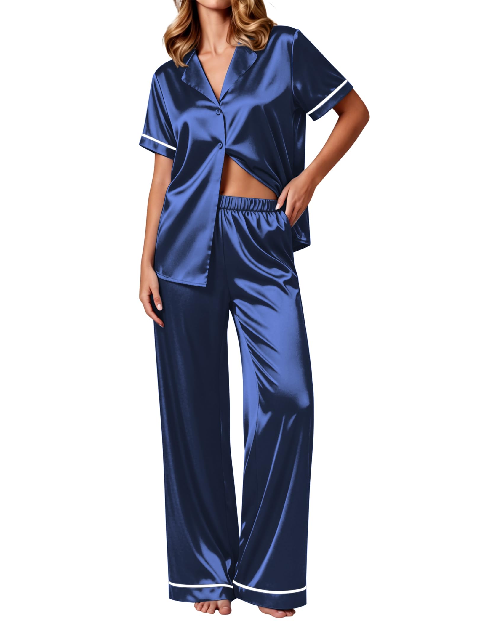 Ekouaer Women's Silk Pajamas Set Short Sleeve Satin Pjs 2 Piece Soft Loungewear with Pants Button Down Sleepwear