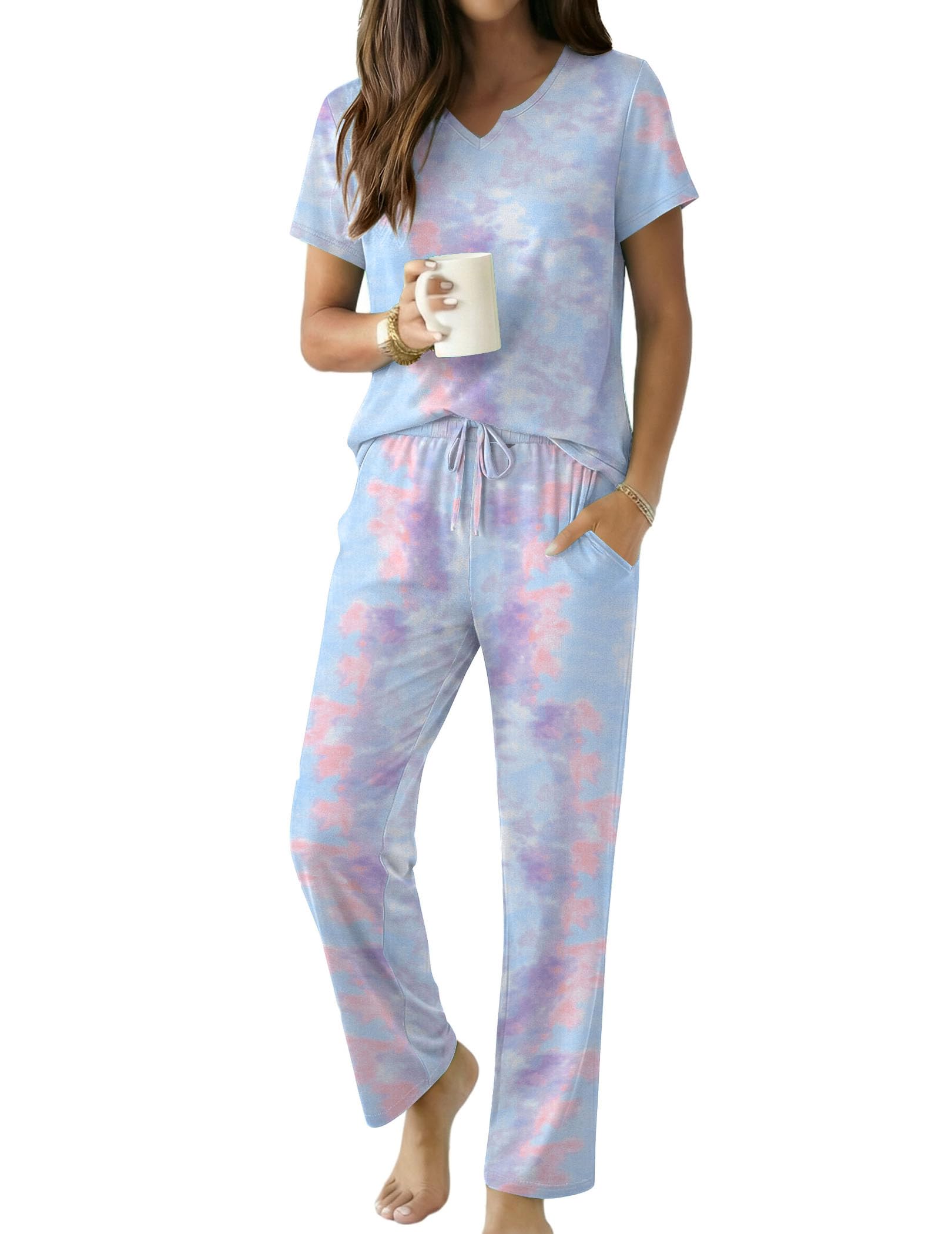 Ekouaer 2 Piece Womens Pajamas Short Sleeve Top and Long Pants Pjs Set Printed Sleepwear with Pocket WEBE CLOTHING