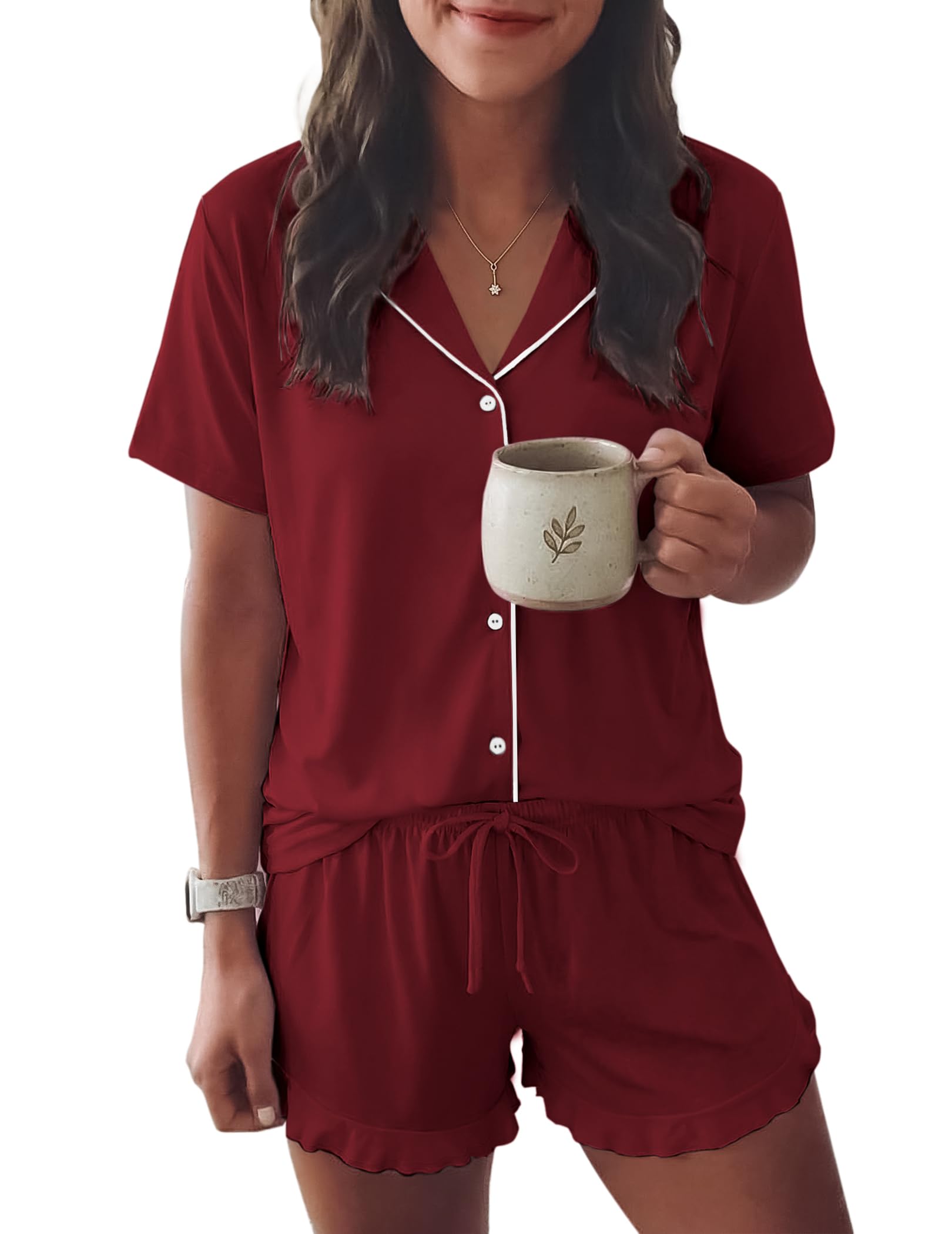 Ekouaer Womens Pajama Sets Button Down Short Sleeve Top and Shorts Cute Ruffled Pjs Sets Sleepwear