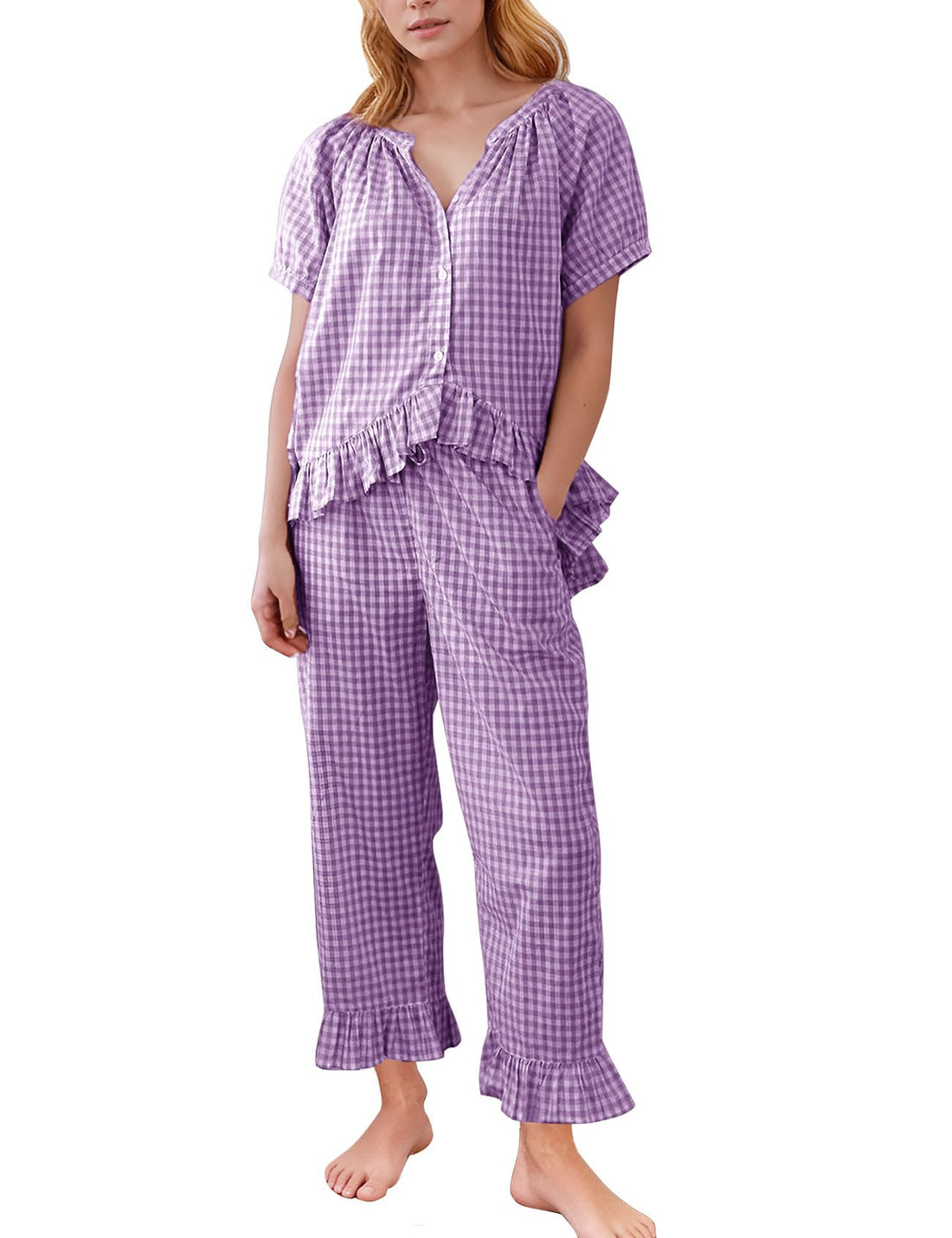 Flygo Womens Plaid 2 Piece Pajamas Sets Gingham Button Down Puff Sleeve Babydoll Shirt Ruffle Pants Y2K Pjs Lounge Set WEBE CLOTHING