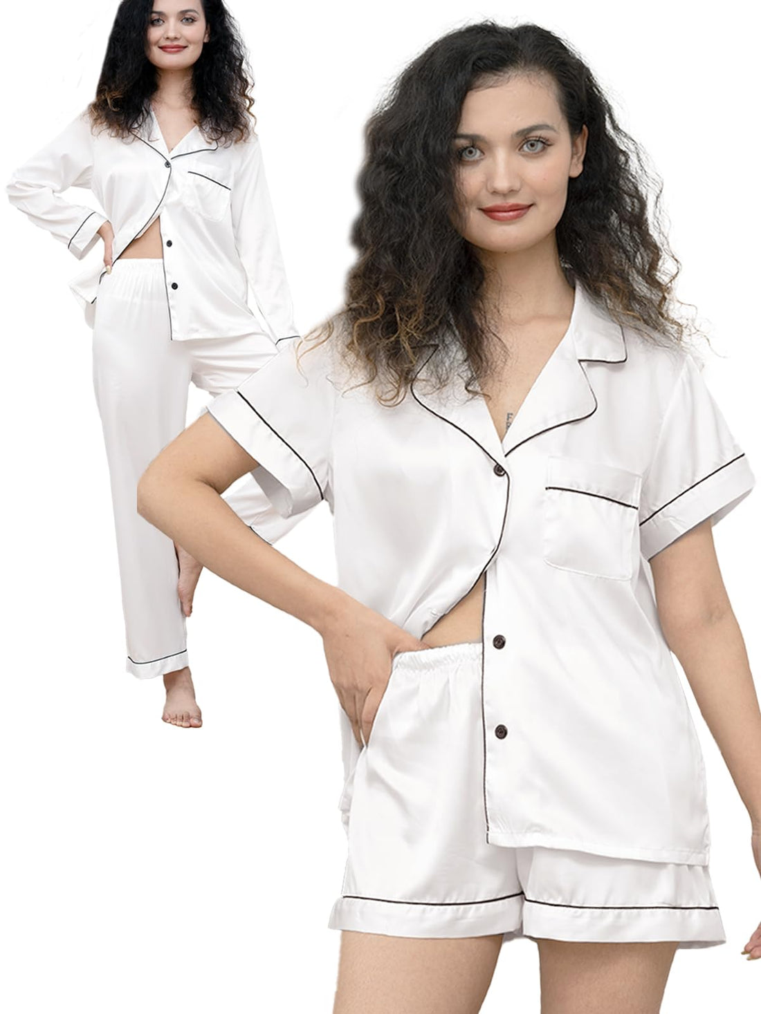 5Pcs Womens Satin Pajamas Set Silk Pajama Pjs XS-2XL Silky Pj Sets Button Down Sleepwear Nightwear Loungewear