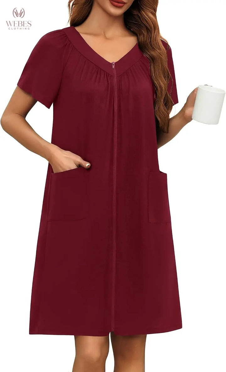 Ekouaer Women Robe Zipper Front Mumu Duster Robes Zip Up Housecoat Soft Sleepwear with Pockets WEBE CLOTHING