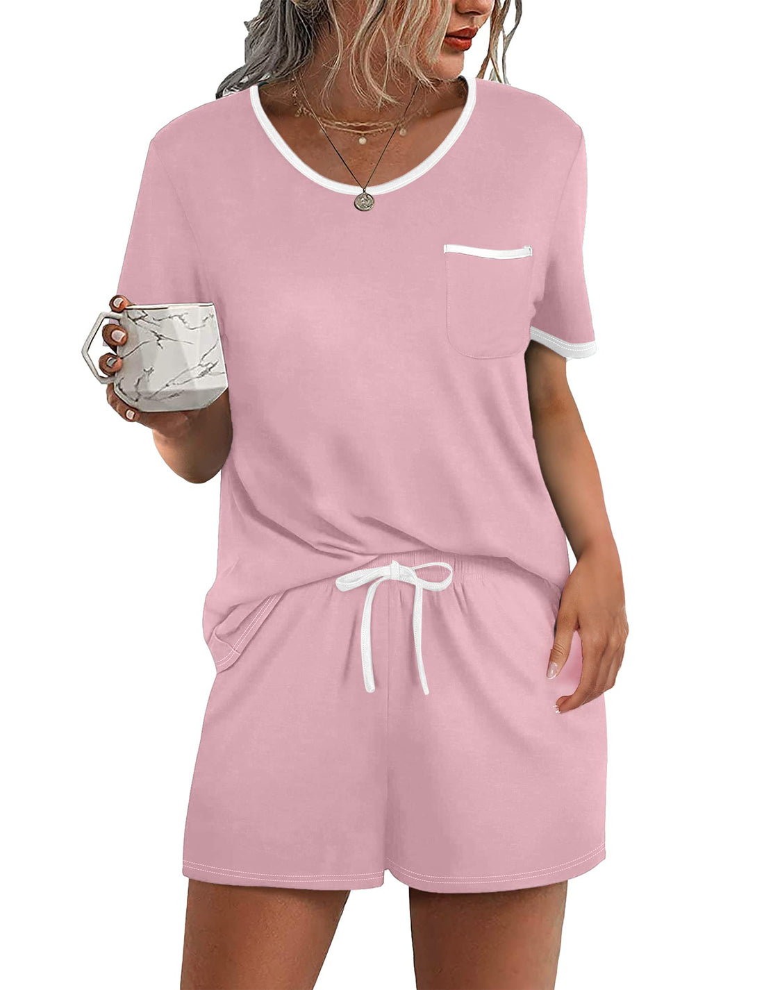 Ekouaer Pajama Set for Women 2 Piece Lounge Set Short Sleeve Tops and Shorts Soft Sleepwear, Chest Pocket