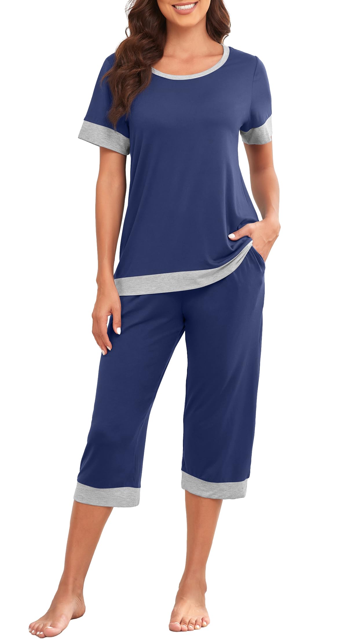PrinStory Women's Pajama Set Short Sleeve Shirt and Capri Pants Sleepwear Pjs Sets Lounge Set WEBE CLOTHING