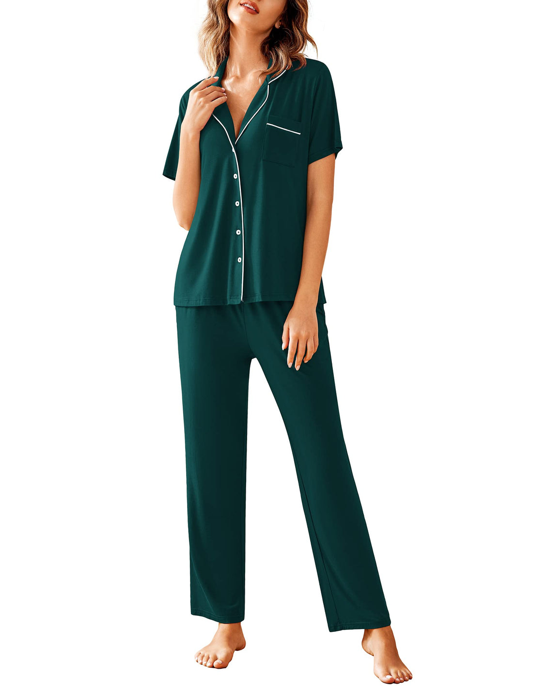 Avidlove Women Pajamas Set Notch Collar Soft Sleepwear Pjs Short Sleeve Button Down Nightwear with Long Pants WEBE CLOTHING