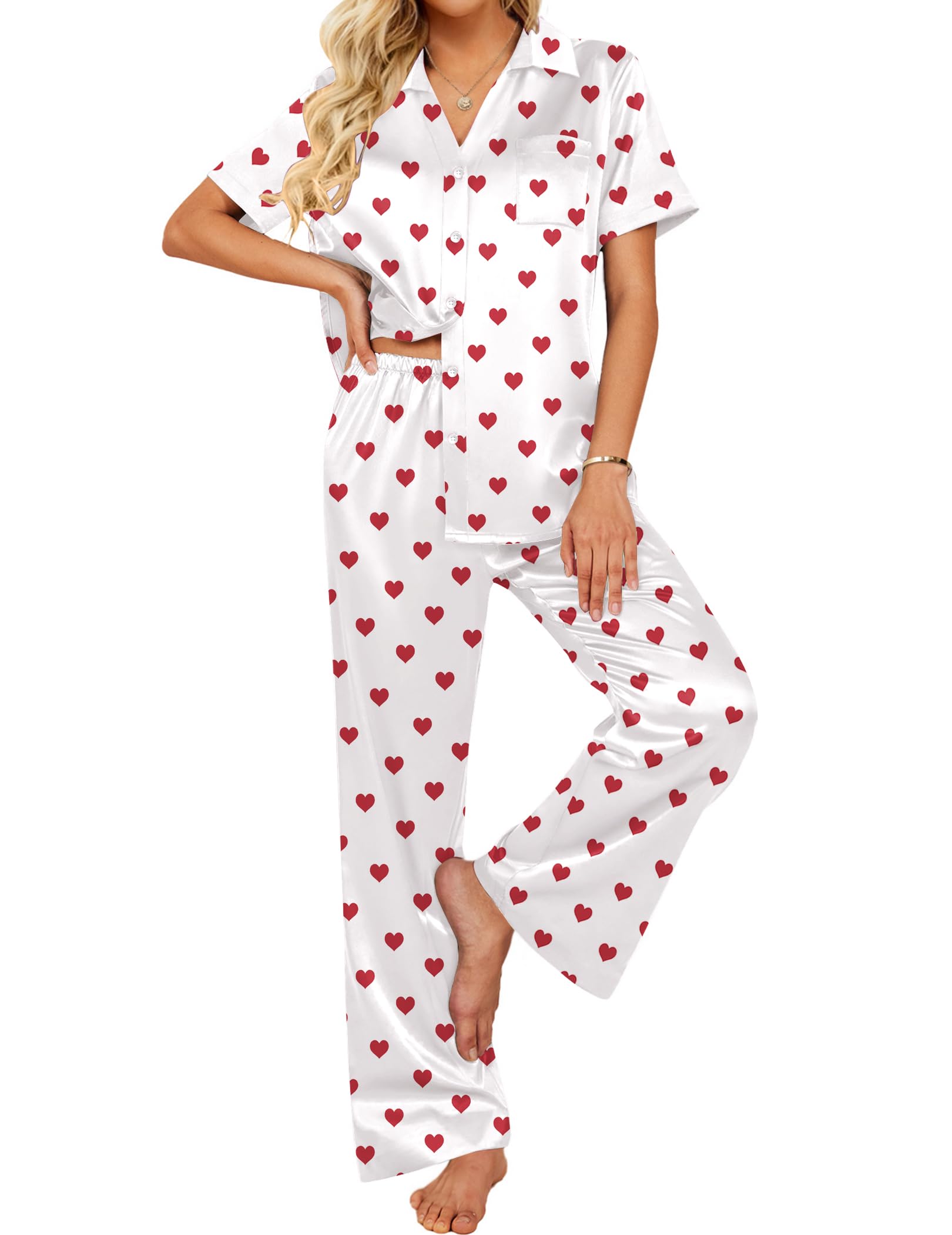 Ekouaer Silk Pajamas for Womens Set 2 Piece Satin Pjs Soft Button Down Sleepwear Wide Leg Long Pants with Pockets