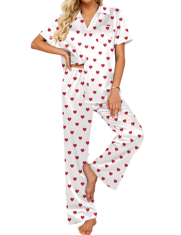 Ekouaer Silk Pajamas for Womens Set 2 Piece Satin Pjs Soft Button Down Sleepwear Wide Leg Long Pants with Pockets