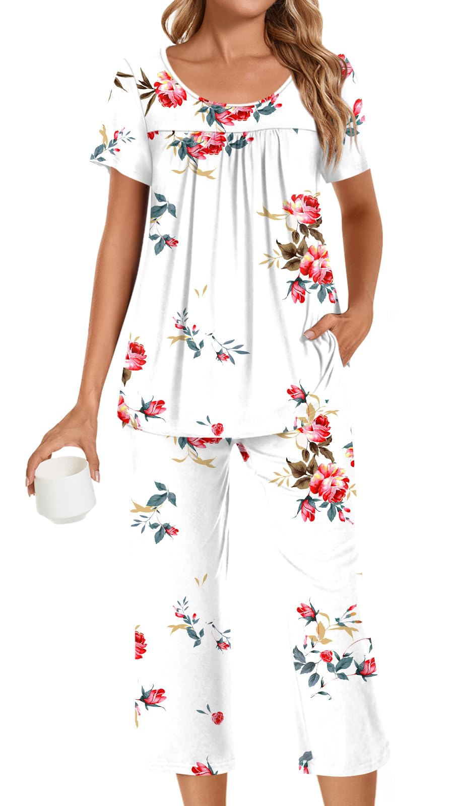 POPYOUNG Womens Pajama Sets Summer Ladies Pjs 2 Piece Loungewear Capri with Pockets Sleepwear