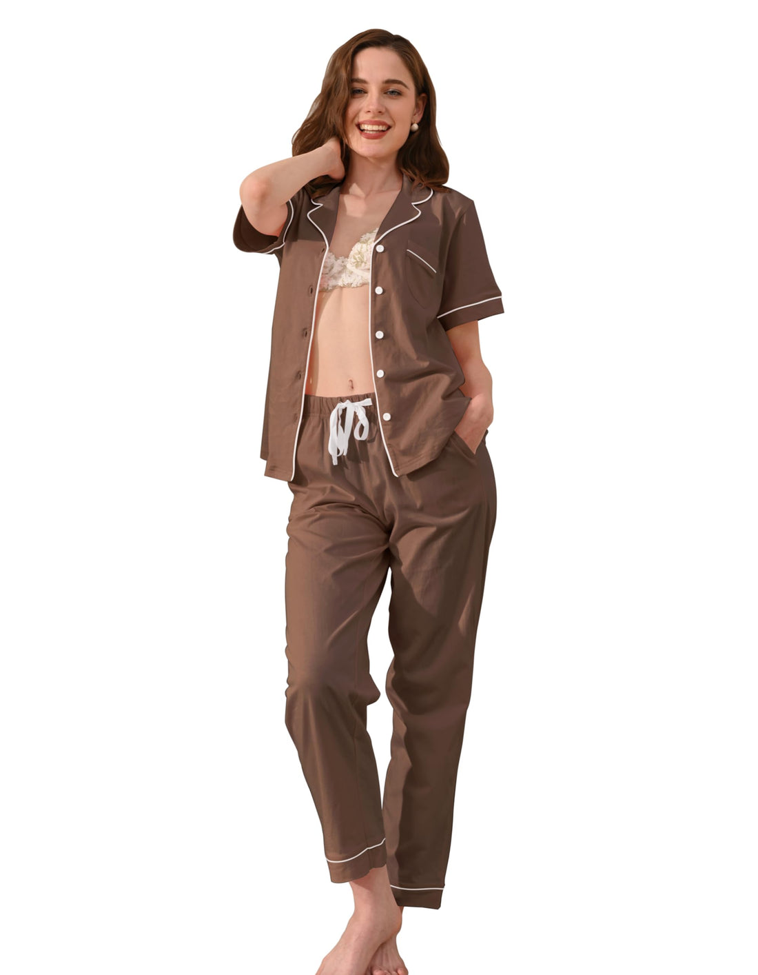 NAP BOUND 100% Cotton Pajamas for Women Sets 2 Pieces Pjs Button short sleeves with Pockets Soft Sleepwear Loungewear XS-XXL