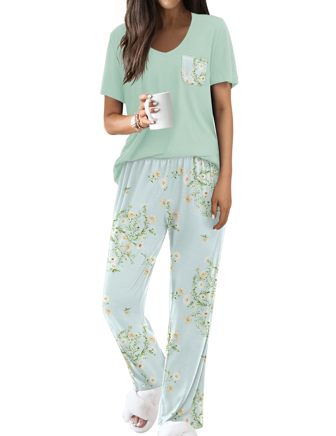 Ekouaer Pajama Sets for Women Short Sleeve Pj Set V Neck Sleepwear Chest Pocket with Long Pants Casual Loose Loungewear WEBE CLOTHING