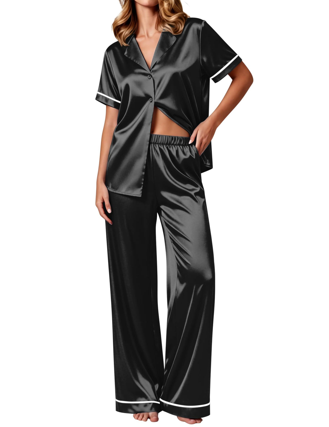 Ekouaer Women's Silk Pajamas Set Short Sleeve Satin Pjs 2 Piece Soft Loungewear with Pants Button Down Sleepwear