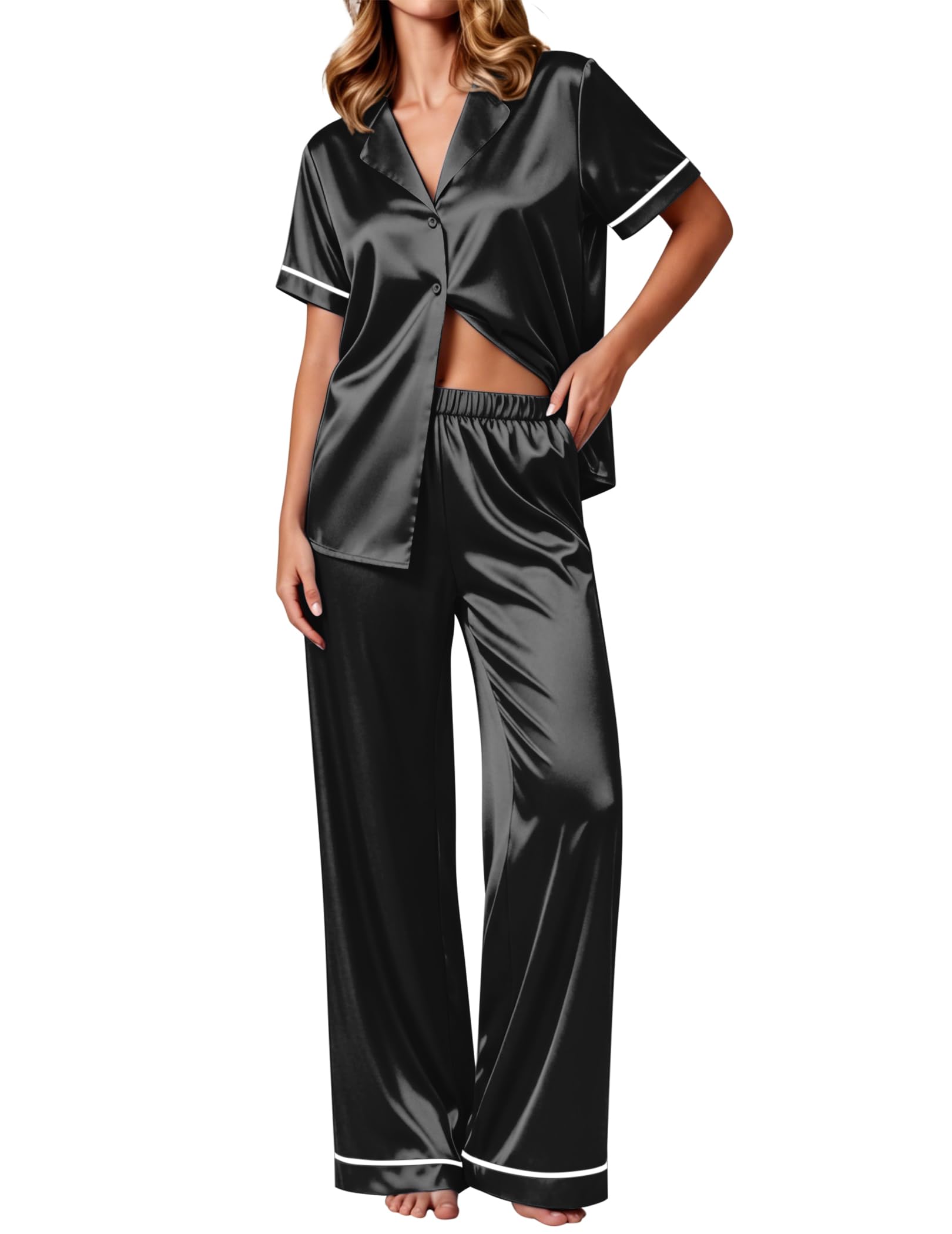 Ekouaer Women's Silk Pajamas Set Short Sleeve Satin Pjs 2 Piece Soft Loungewear with Pants Button Down Sleepwear