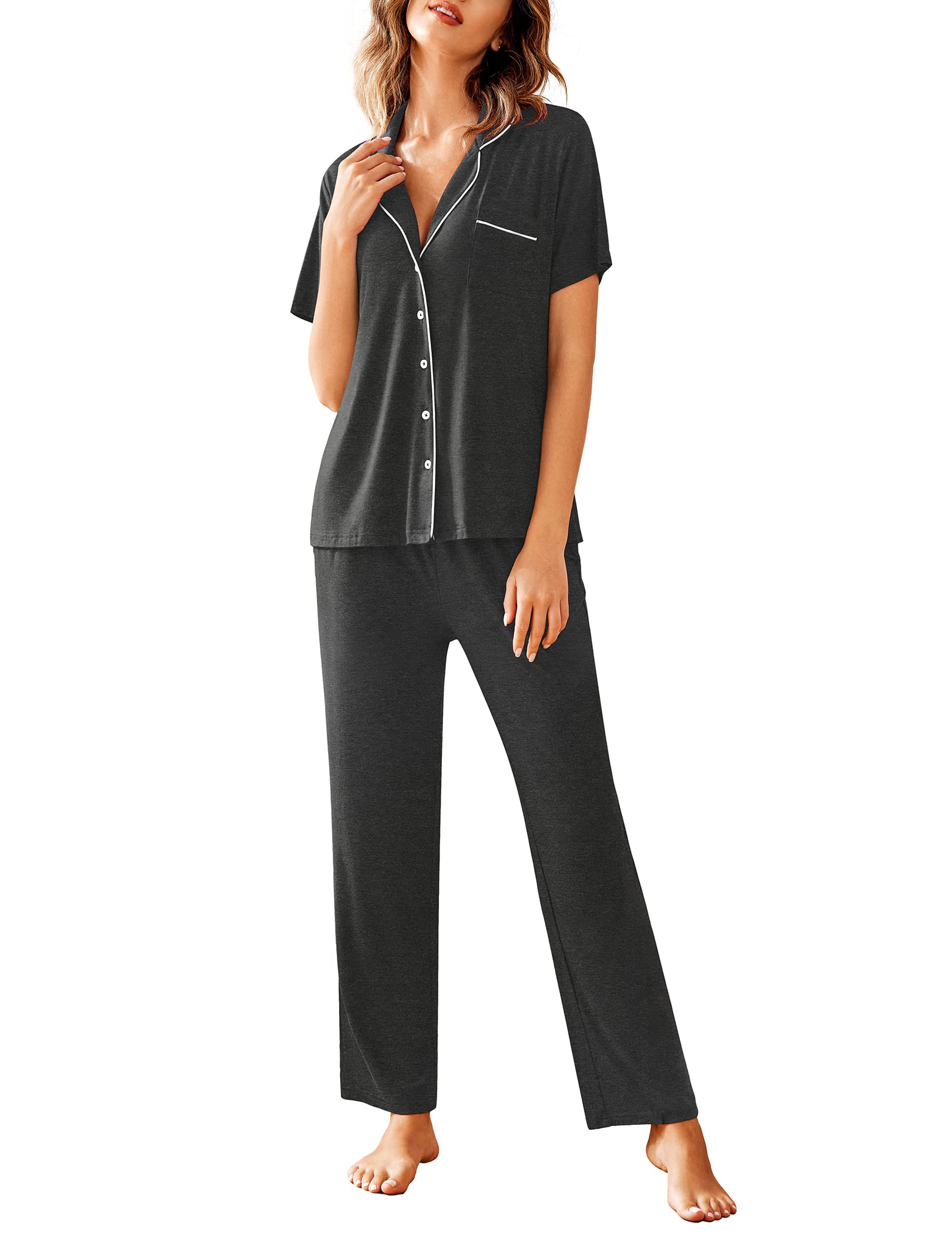 Avidlove Women Pajamas Set Notch Collar Soft Sleepwear Pjs Short Sleeve Button Down Nightwear with Long Pants WEBE CLOTHING