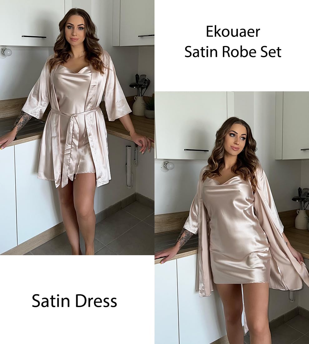 Ekouaer Women's Satin Robe Set Nightgown with Robes Silk Pajama Set 2 Pieces Lingerie Cowl Neck Cami Sleepwear Sets WEBE CLOTHING