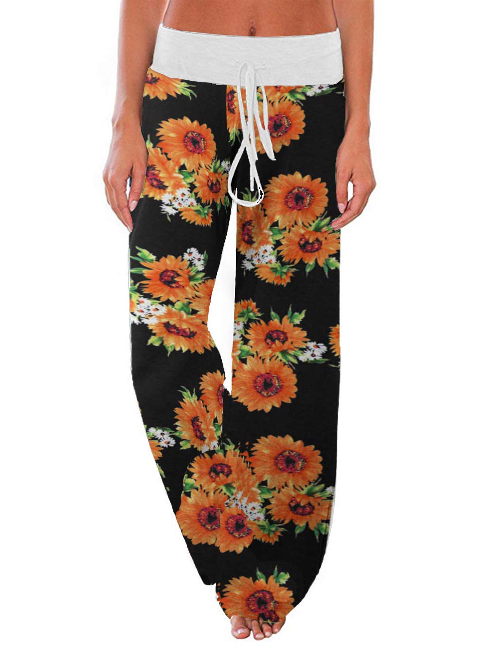 iChunhua Women's Comfy Stretch Floral Print Drawstring Palazzo Wide Leg Lounge Pant