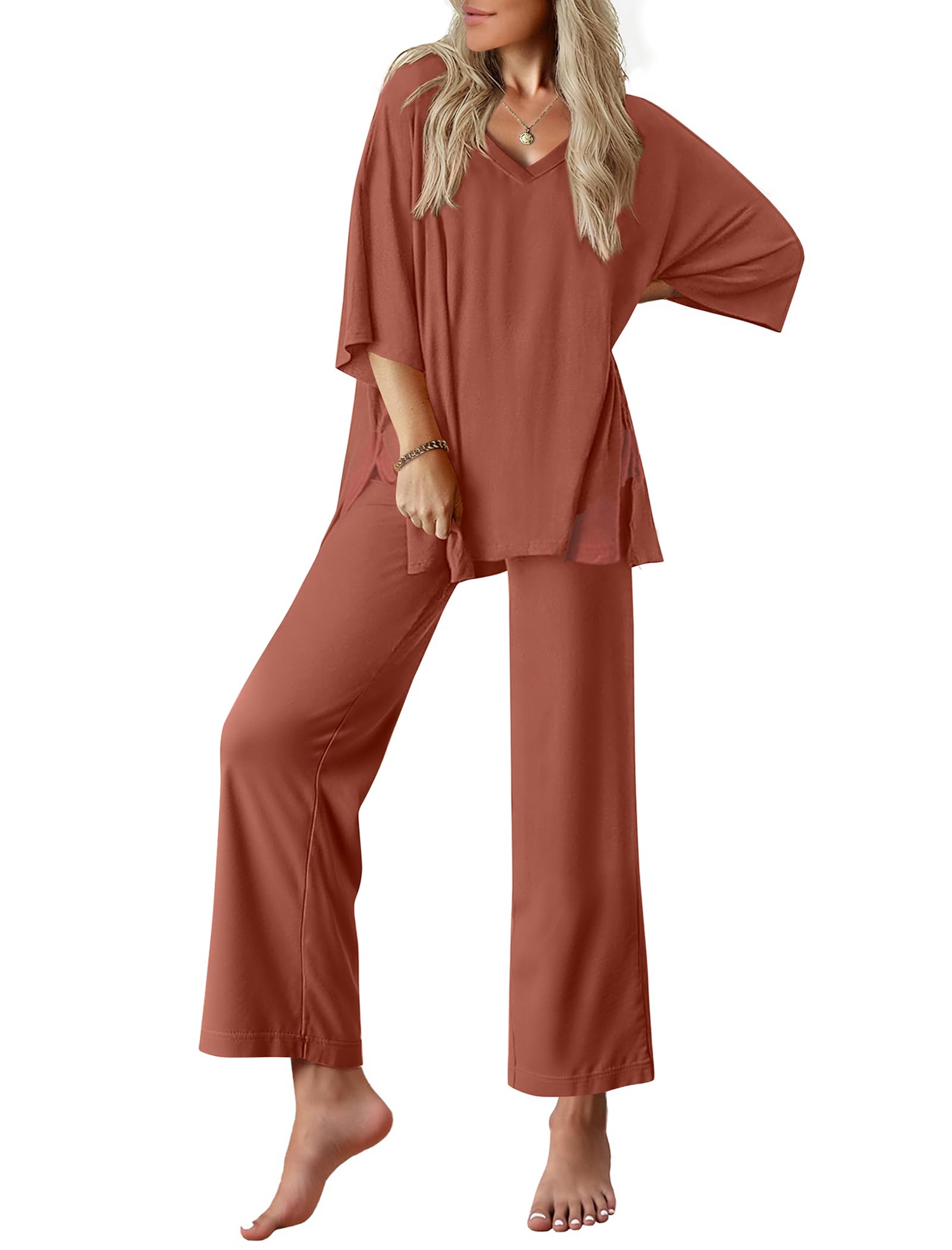 Ekouaer Lounge Sets for Women Short Sleeve Tops and Long Pants Pajamas Set | Comfy V Neck Top and Loose Fit Pants, Fashion Oversized style, ideal for Home relaxation, Daily Wear & Maternity WEBE CLOTHING