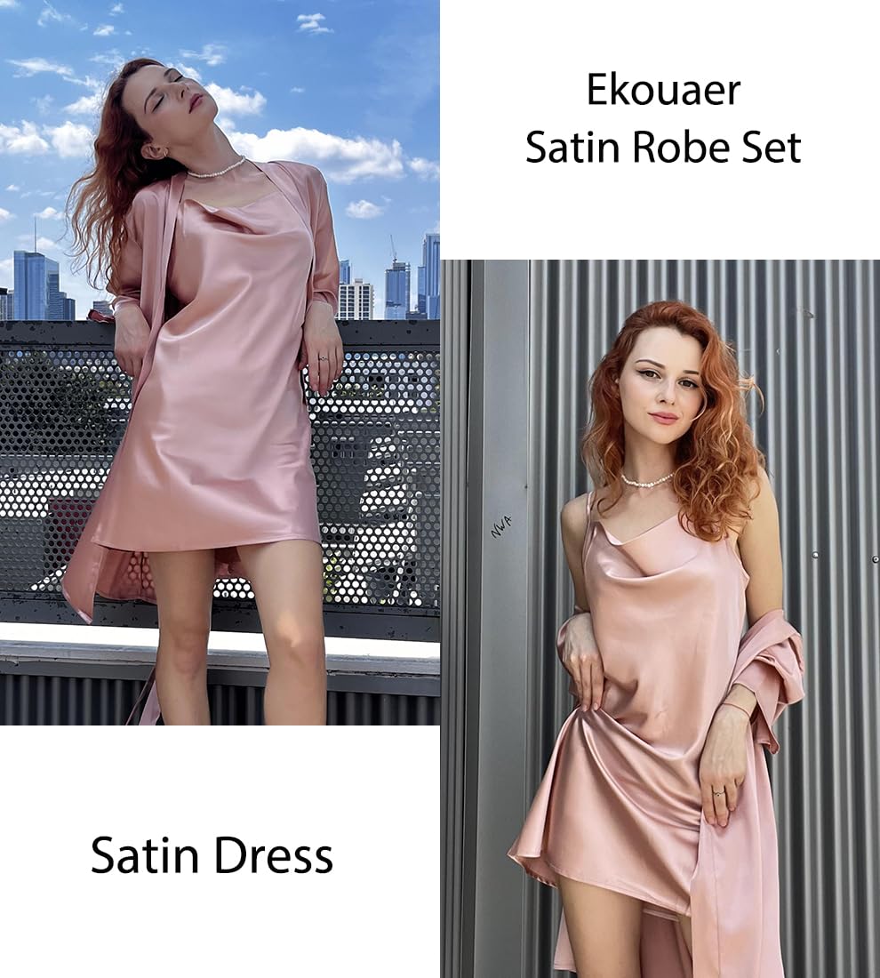 Ekouaer Women's Satin Robe Set Nightgown with Robes Silk Pajama Set 2 Pieces Lingerie Cowl Neck Cami Sleepwear Sets WEBE CLOTHING