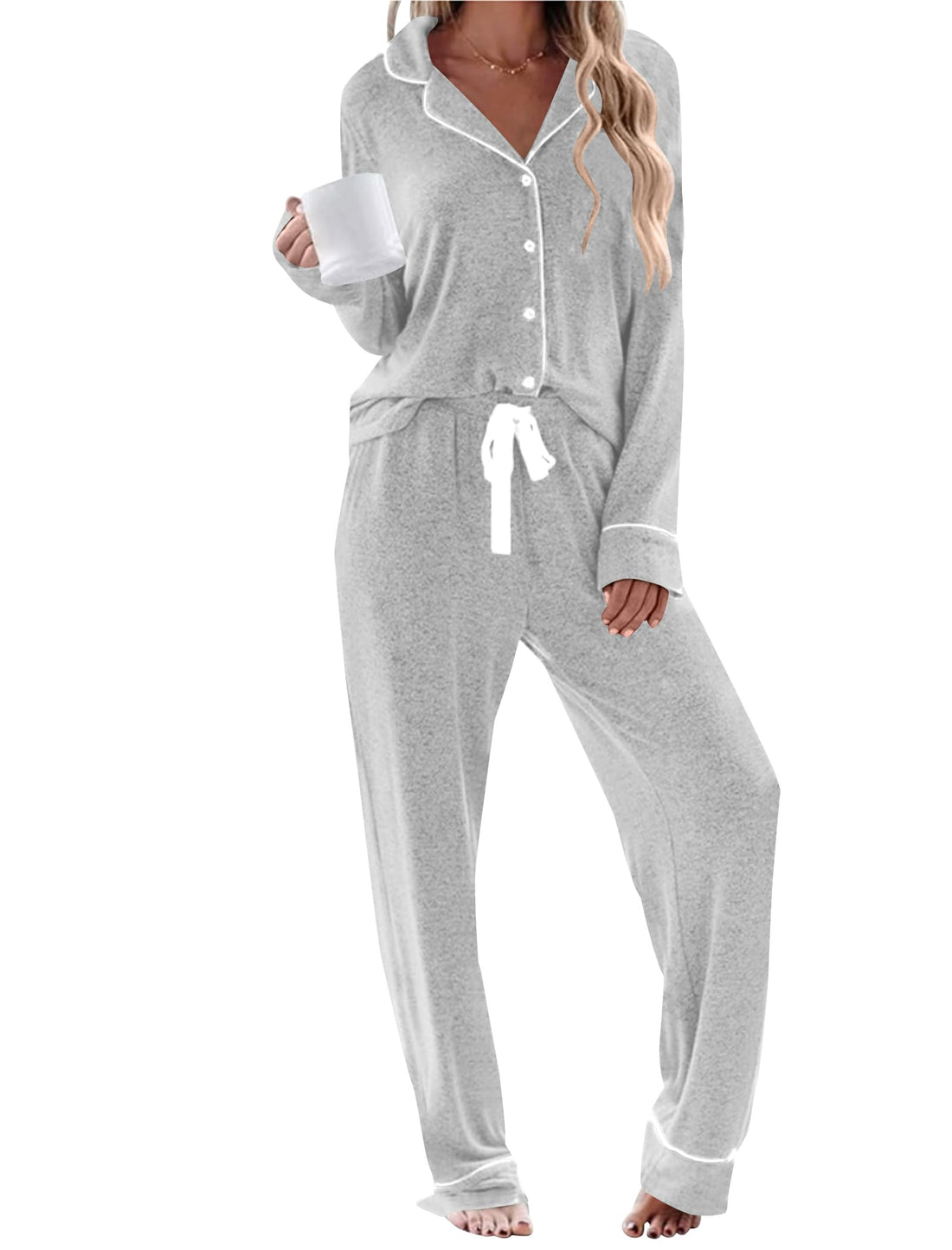 Womens Long Sleeve Pajamas Set Soft Sleepwear Button Down Shirt and Long Pants Pj Lounge Sets S-XXL with Pockets